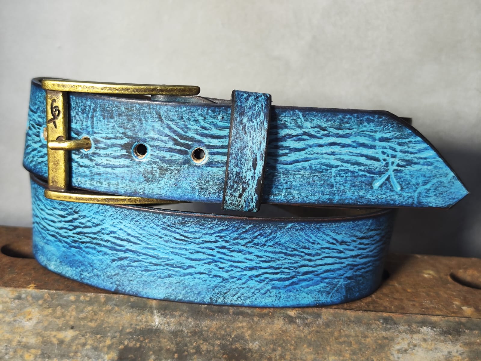 Ishaor Turquoise Color leather Belt with Blue and Black wash - Stylish Durable and Customized