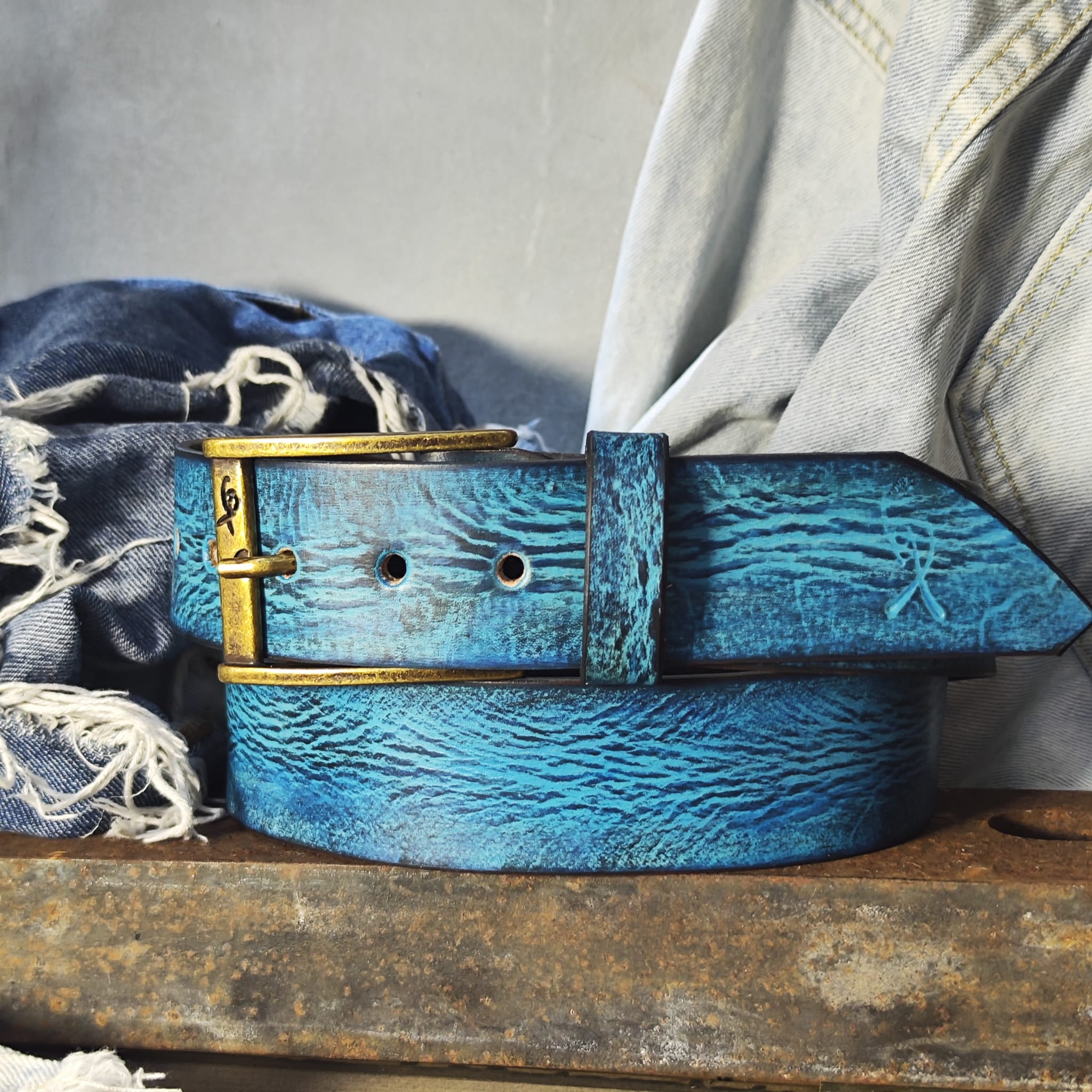 Ishaor Turquoise Color leather Belt with Blue and Black wash - Stylish Durable and Customized
