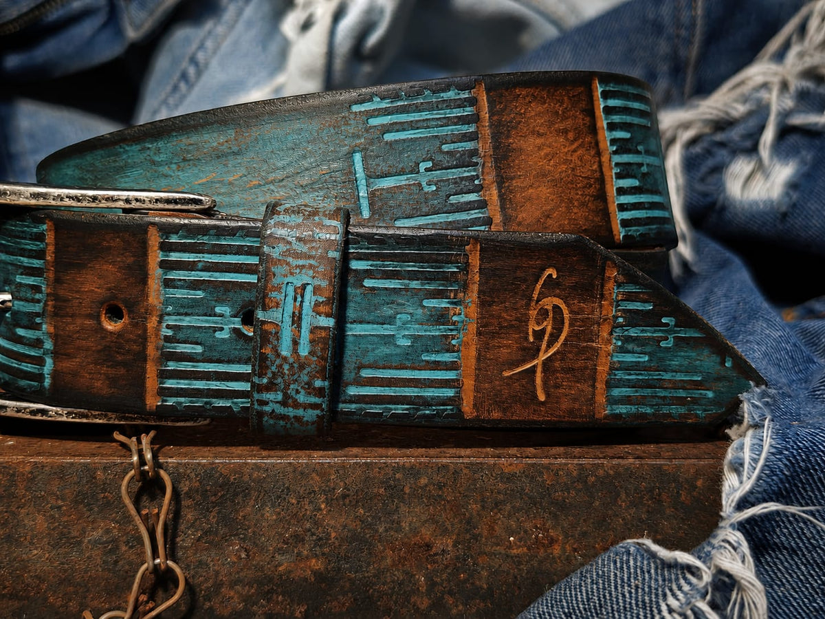 Handmade Brown & Turquoise Leather Belt - Computer-Inspired Design by Ishaor