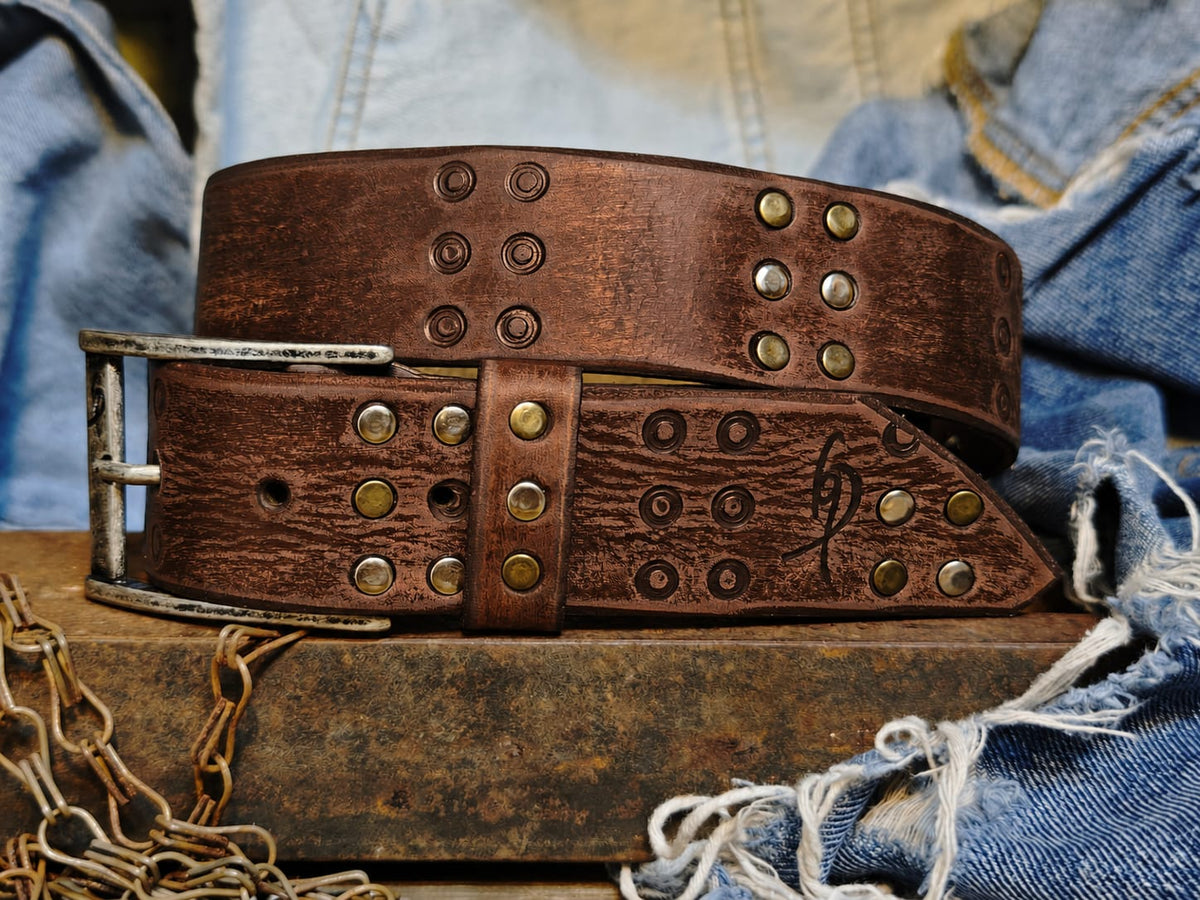 Vintage Brown Leather Belt with HIFI Embossing Rivets and Personalized Gift Option β ISHAOR