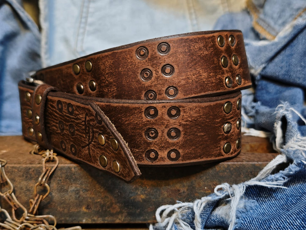Vintage Brown Leather Belt with HIFI Embossing Rivets and Personalized Gift Option β ISHAOR