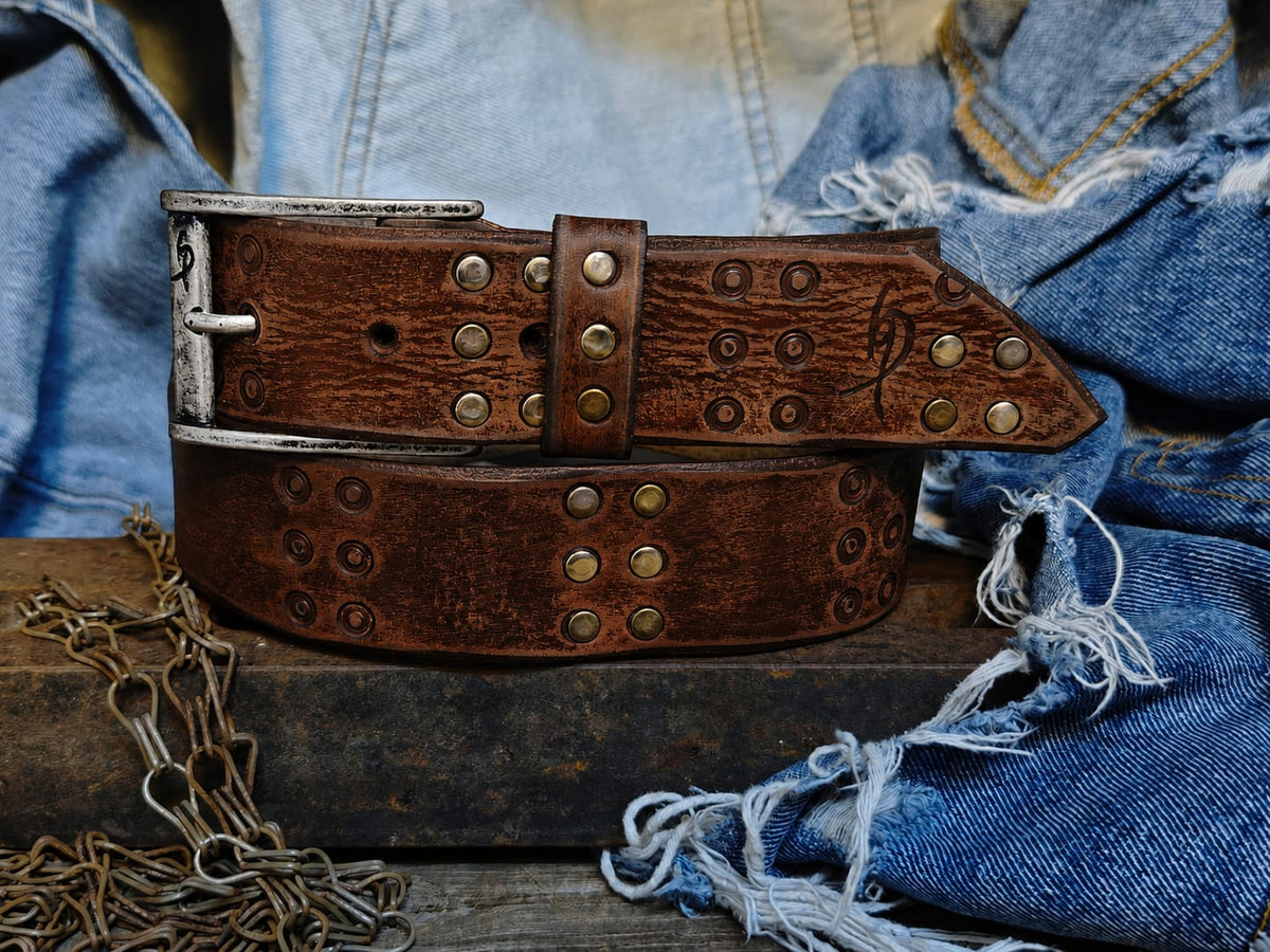 Vintage Brown Leather Belt with HIFI Embossing Rivets and Personalized Gift Option β ISHAOR
