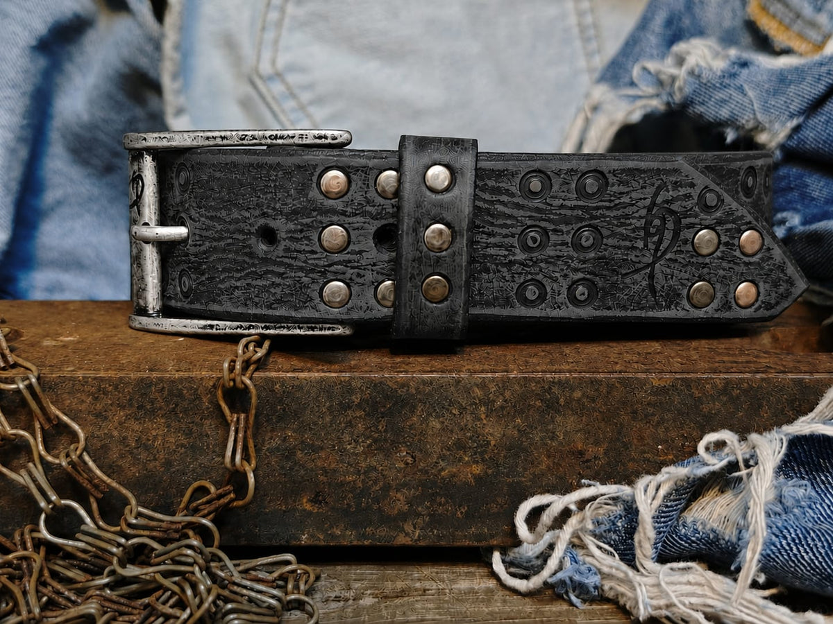 Ishaor Handmade Black Leather Belt with RCA Stamps - Vintage Finish Genuine Leather Silver Rivets