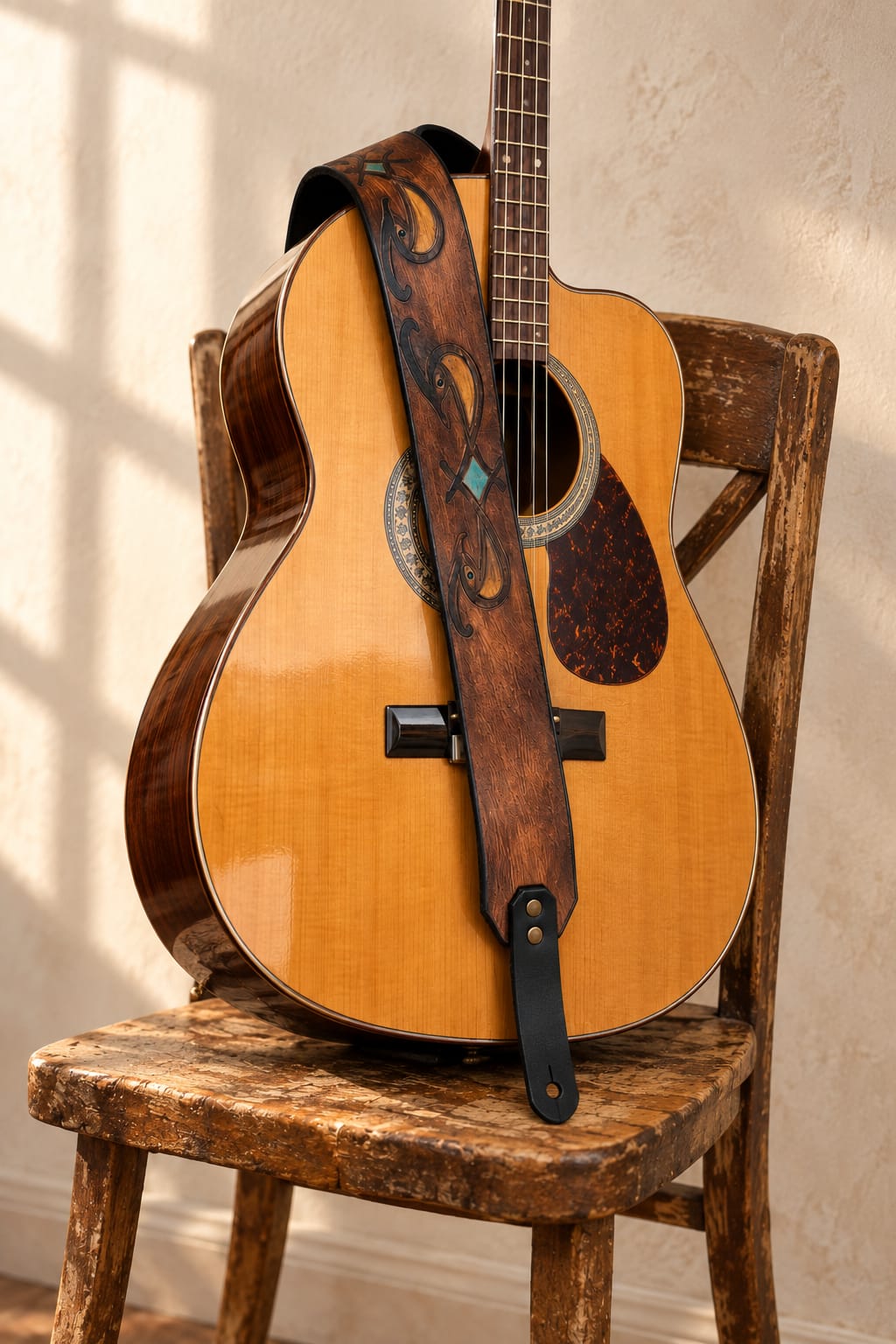 Ishaor Leather Guitar Strap - Brown Personalized Musician Gift with Triangle Logo