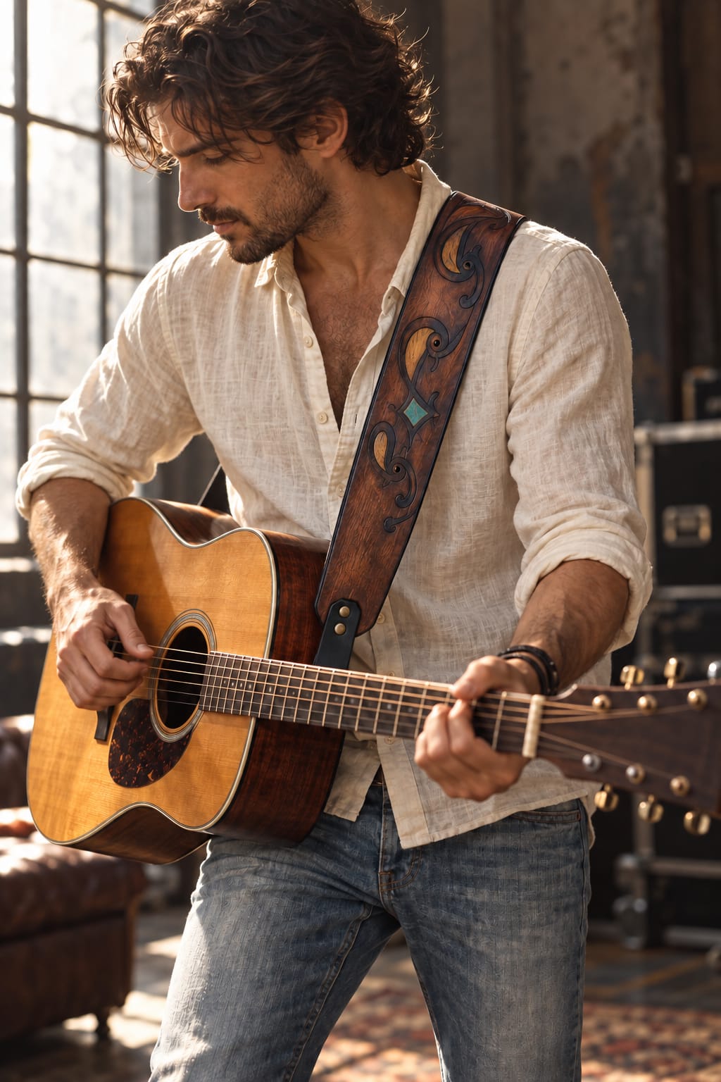 Ishaor Leather Guitar Strap - Brown Personalized Musician Gift with Triangle Logo