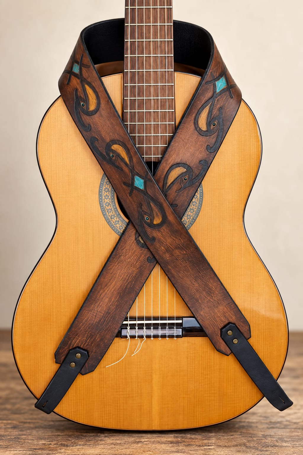 Ishaor Leather Guitar Strap - Brown Personalized Musician Gift with Triangle Logo