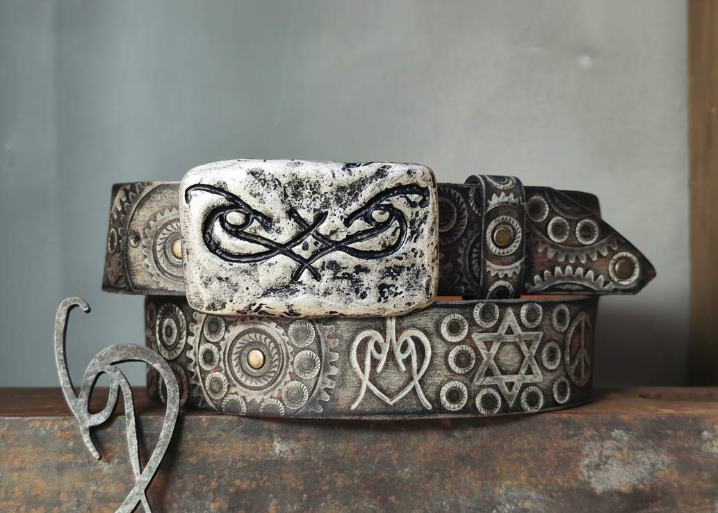 Unique Motorcycle Gear Buckle Leather Belt in Vintage Style