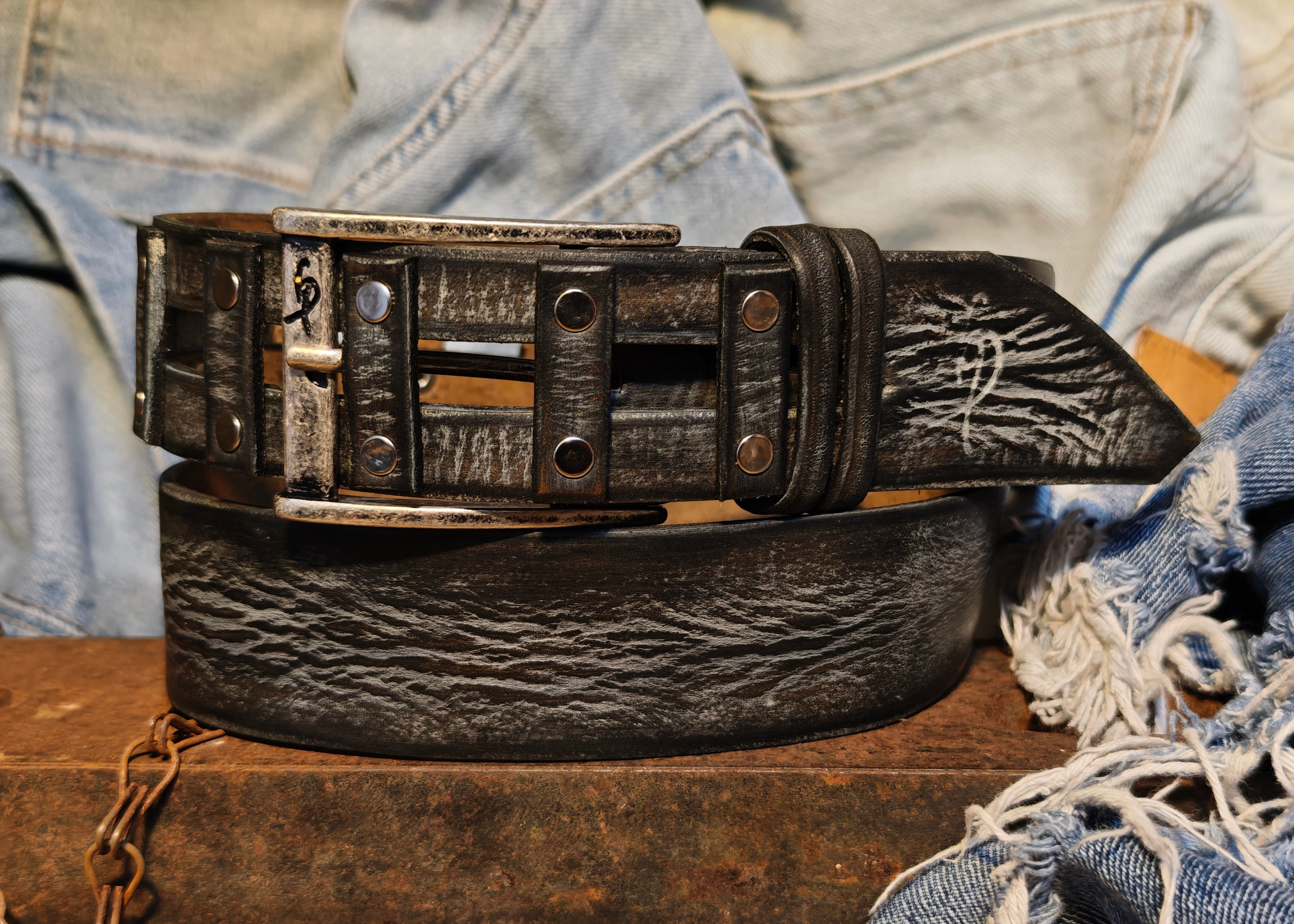 Brown Leather Belt Handmade Gray Wash Silver Buckle Unique Original Design Casual Outfit X-Mas Gift