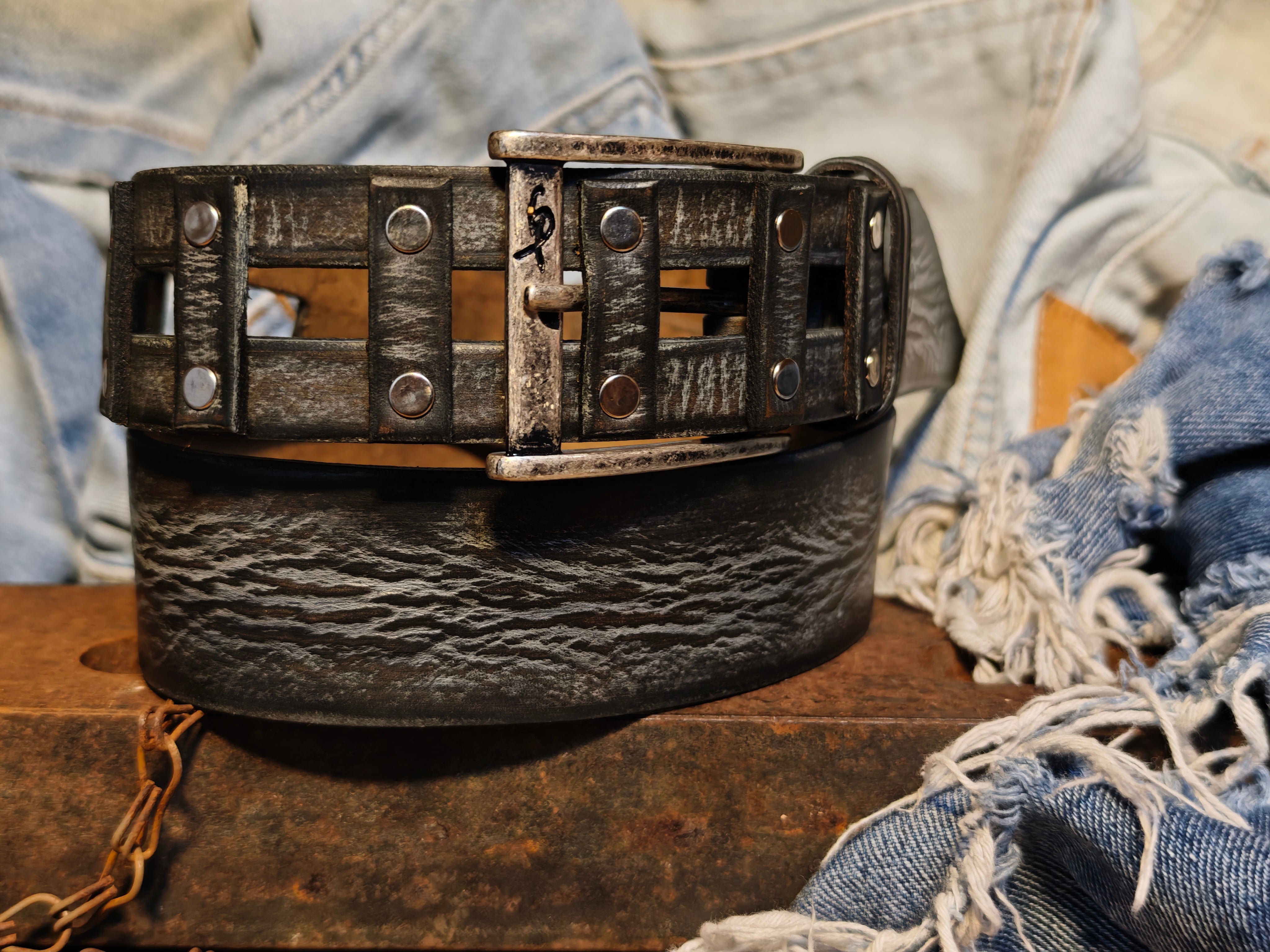 Brown Leather Belt Handmade Gray Wash Silver Buckle Unique Original Design Casual Outfit X-Mas Gift