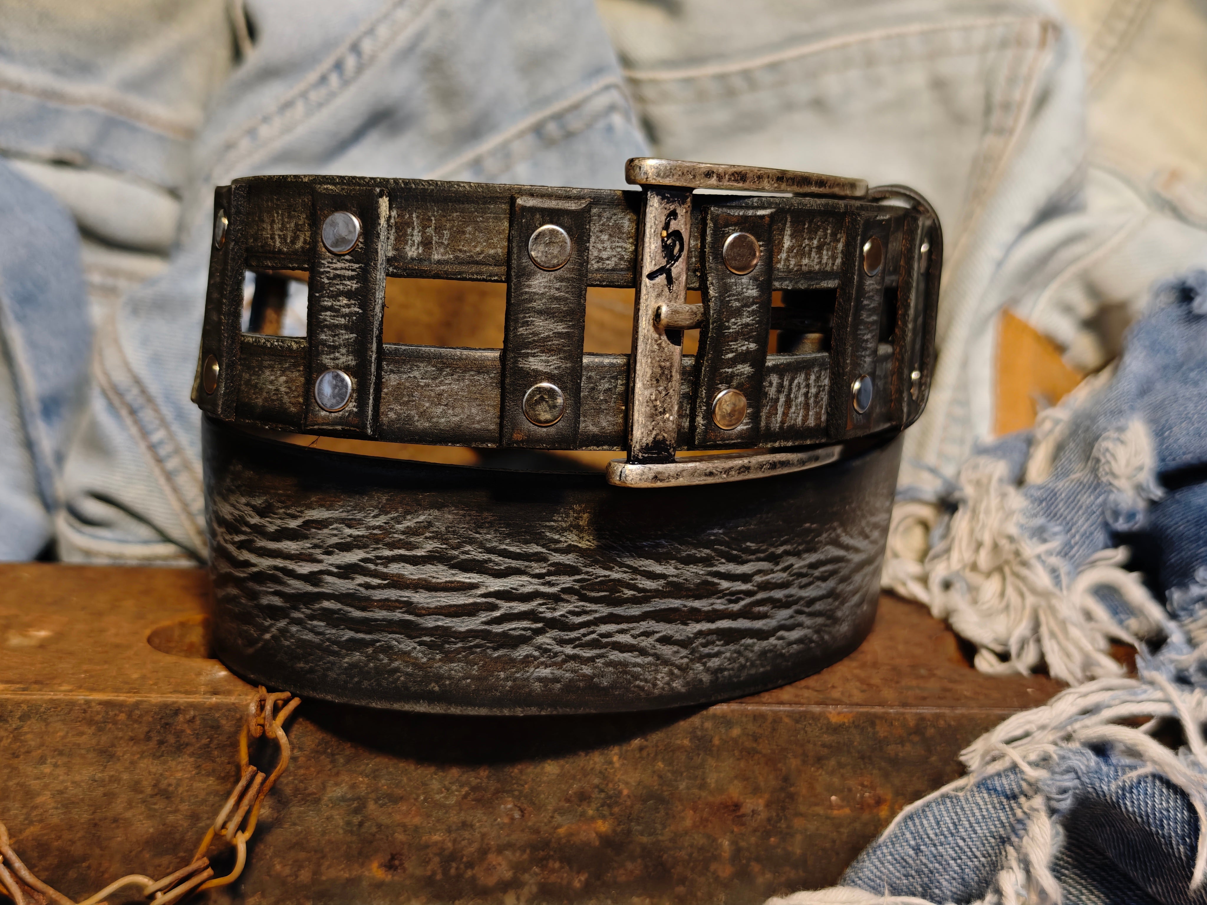 Brown Leather Belt Handmade Gray Wash Silver Buckle Unique Original Design Casual Outfit X-Mas Gift