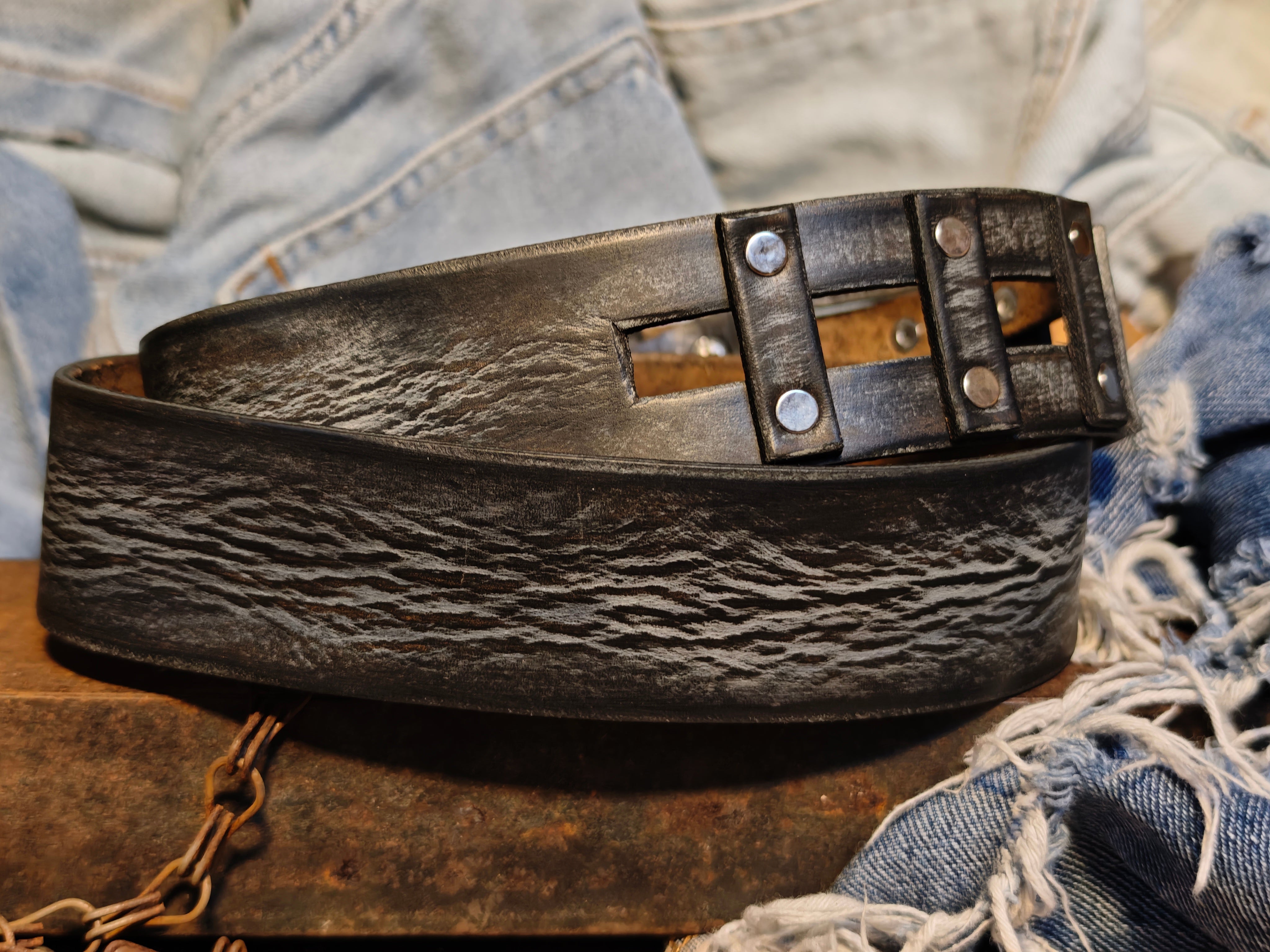 Brown Leather Belt Handmade Gray Wash Silver Buckle Unique Original Design Casual Outfit X-Mas Gift
