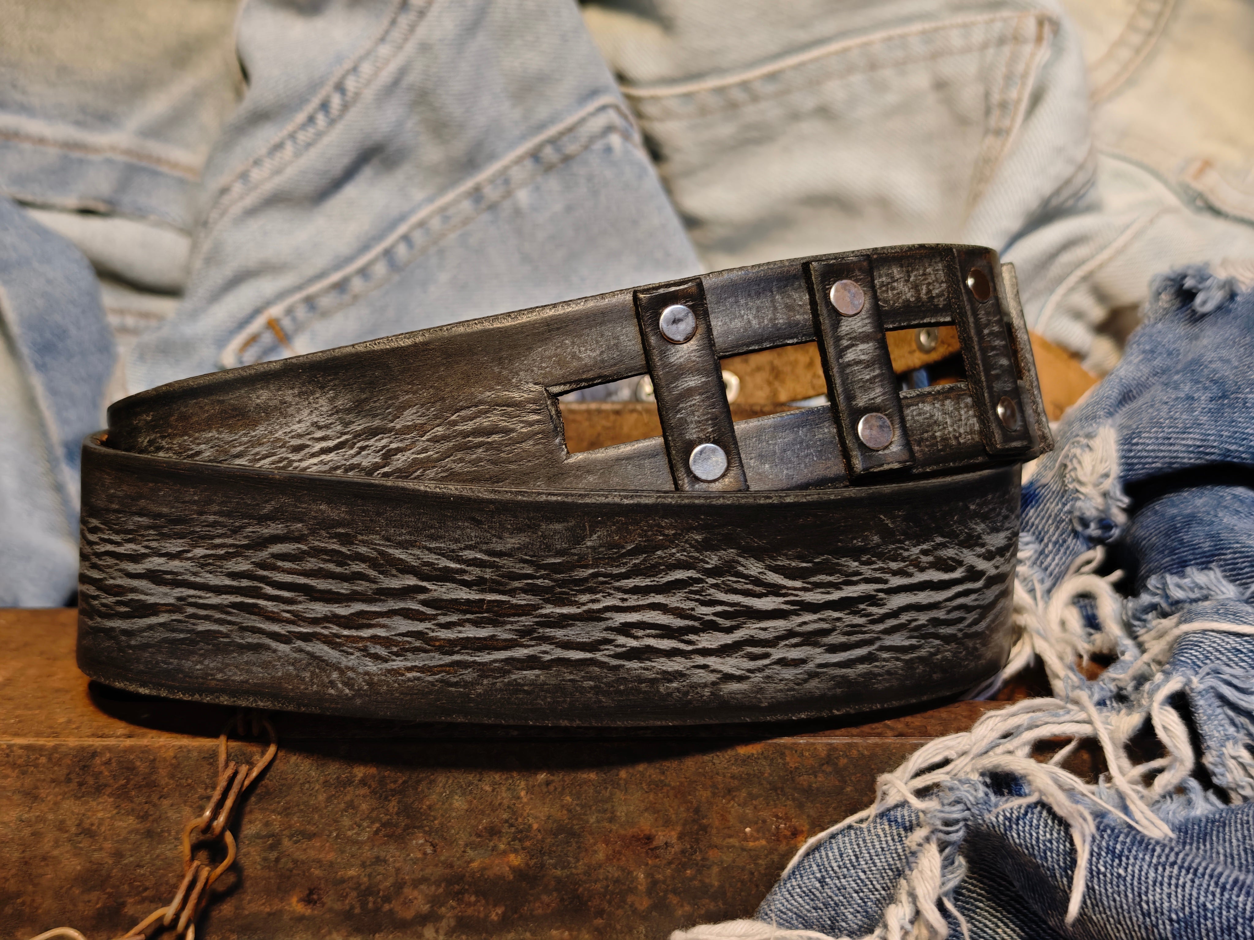 Brown Leather Belt Handmade Gray Wash Silver Buckle Unique Original Design Casual Outfit X-Mas Gift