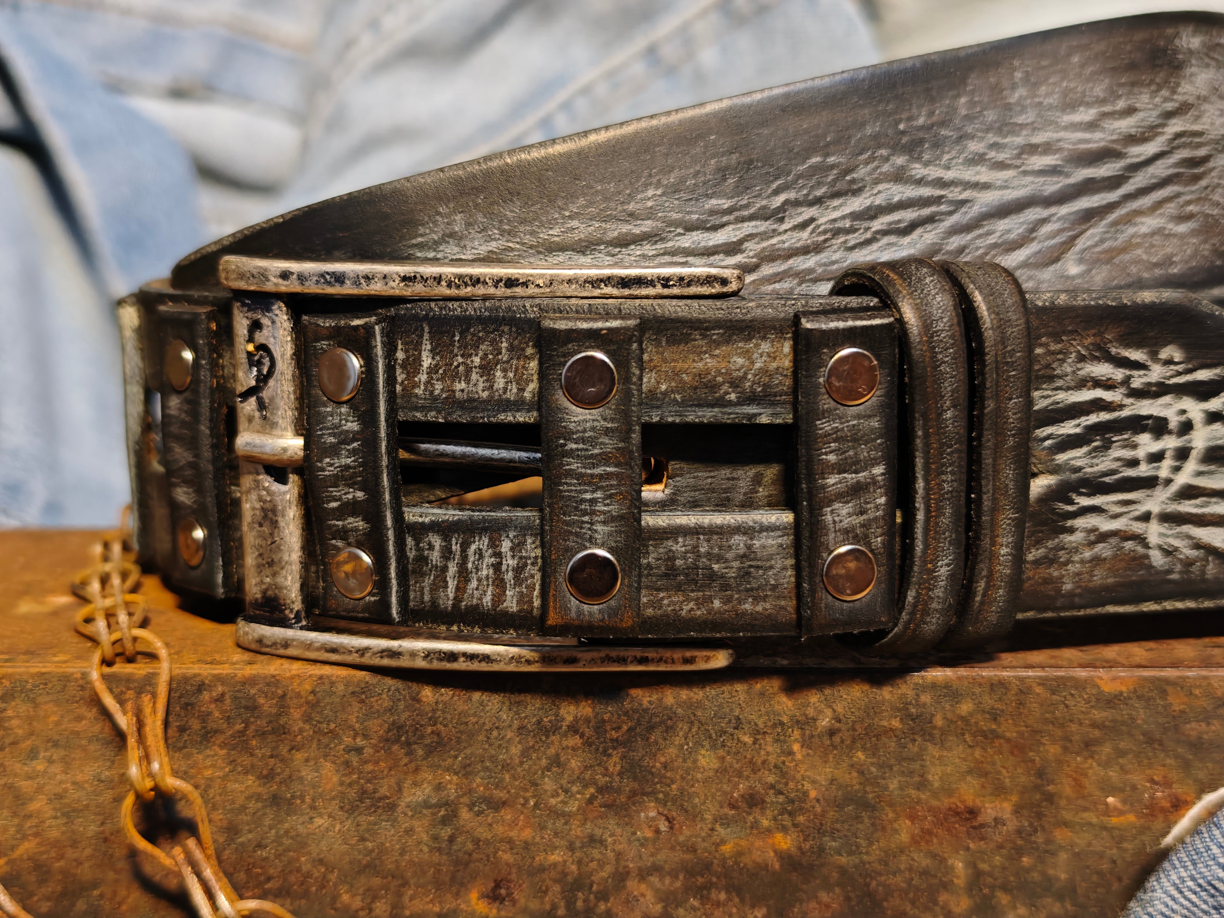 Brown Leather Belt Handmade Gray Wash Silver Buckle Unique Original Design Casual Outfit X-Mas Gift