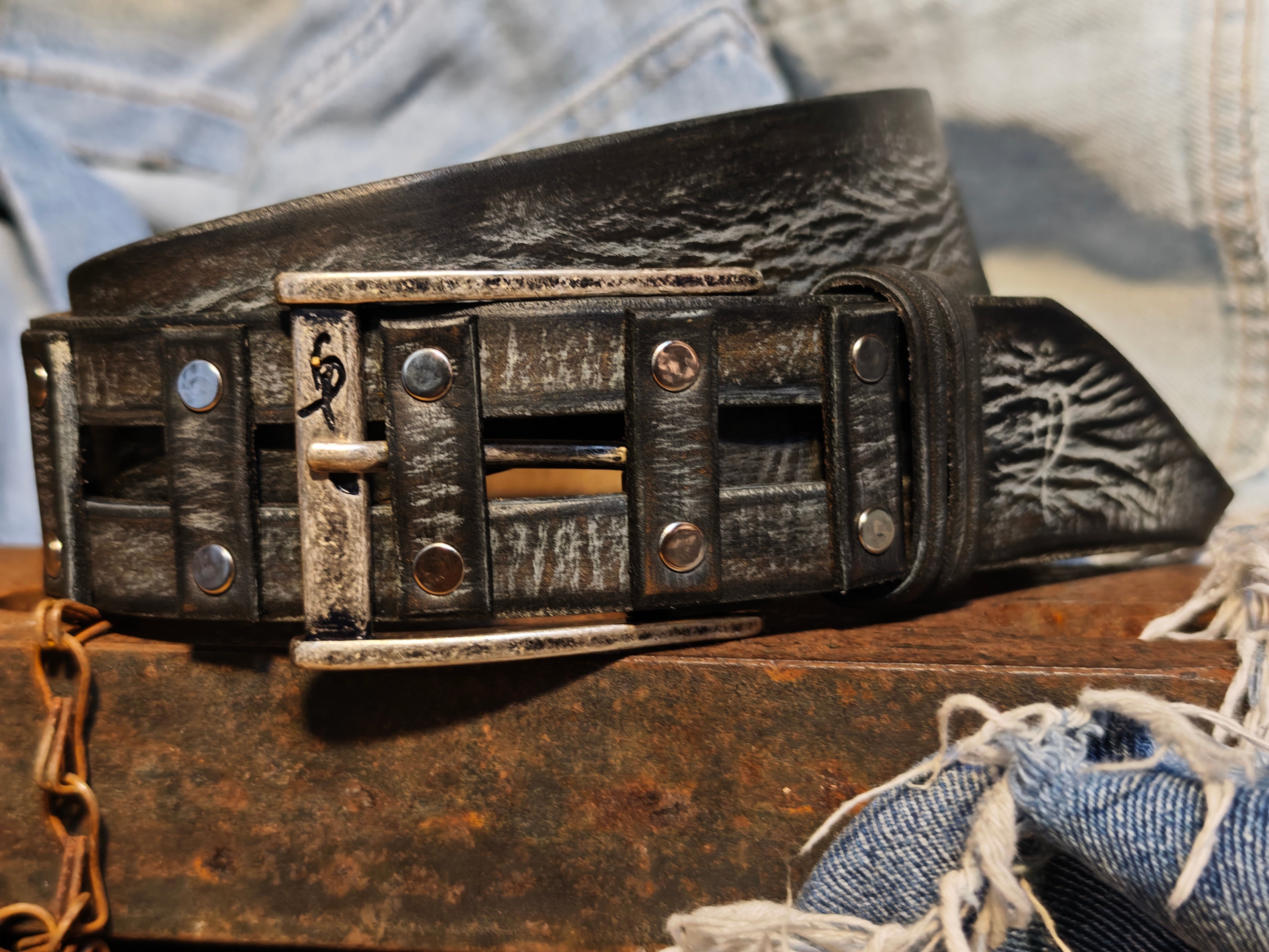 Brown Leather Belt Handmade Gray Wash Silver Buckle Unique Original Design Casual Outfit X-Mas Gift