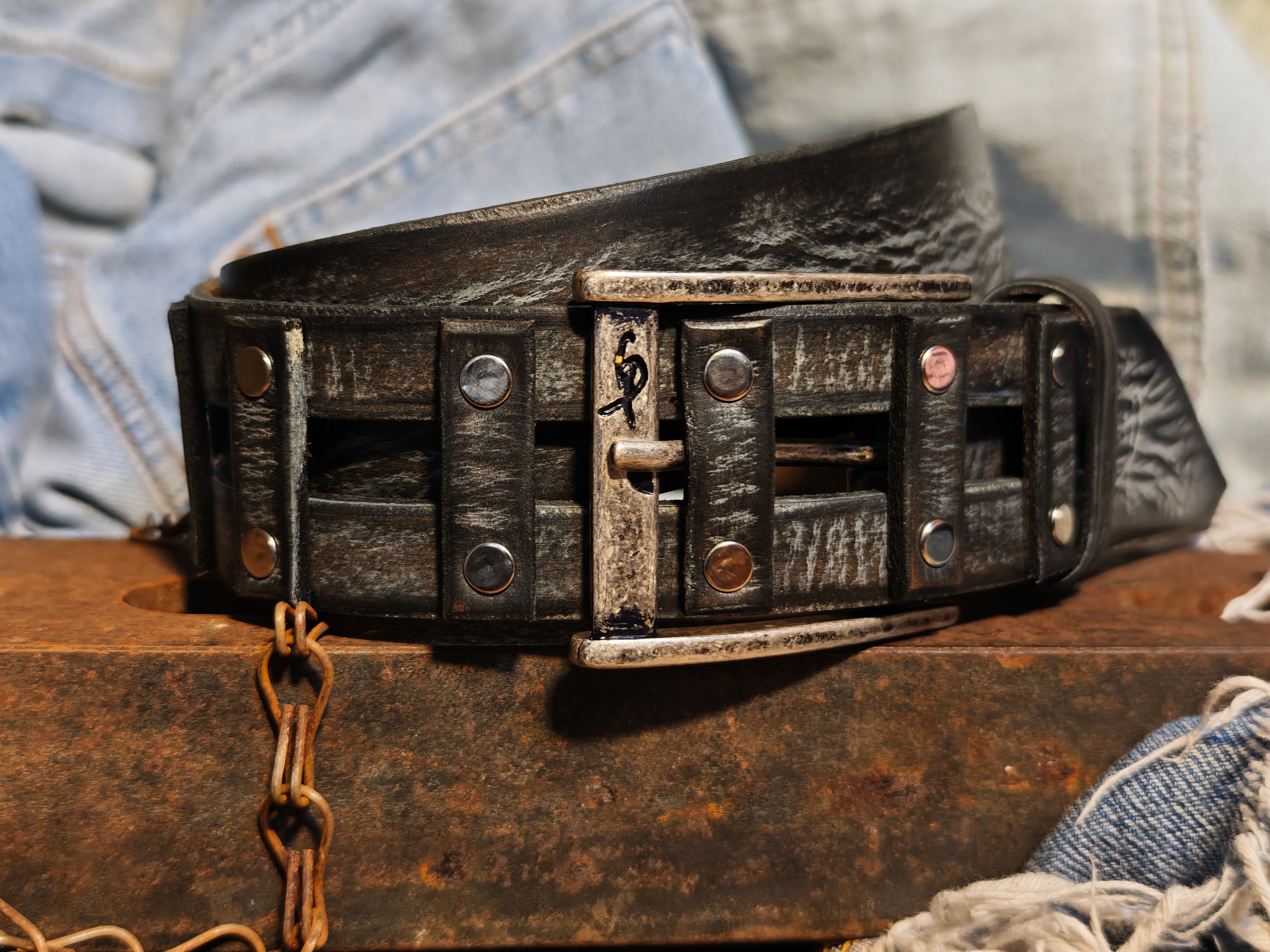 Brown Leather Belt Handmade Gray Wash Silver Buckle Unique Original Design Casual Outfit X-Mas Gift