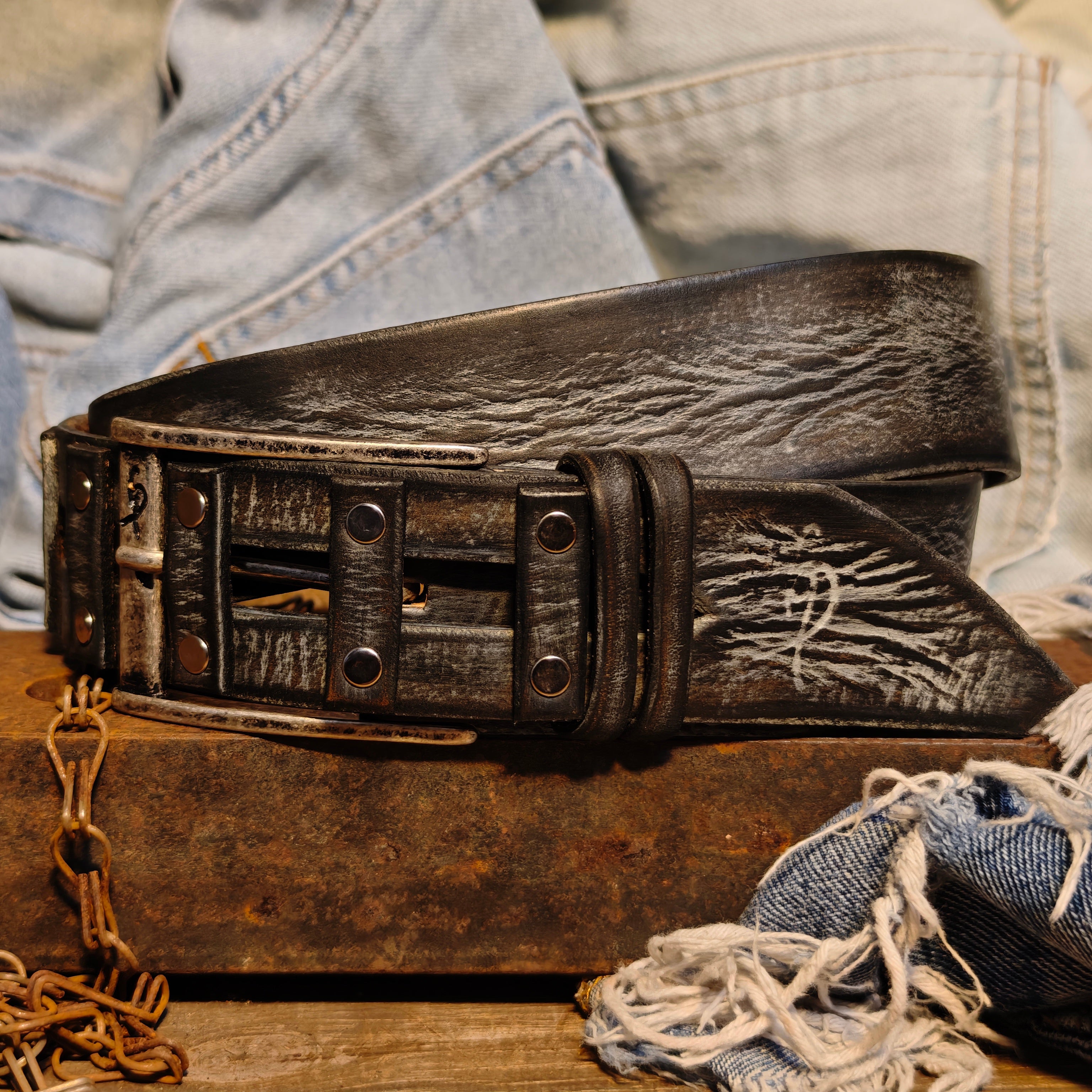 Brown Leather Belt Handmade Gray Wash Silver Buckle Unique Original Design Casual Outfit X-Mas Gift