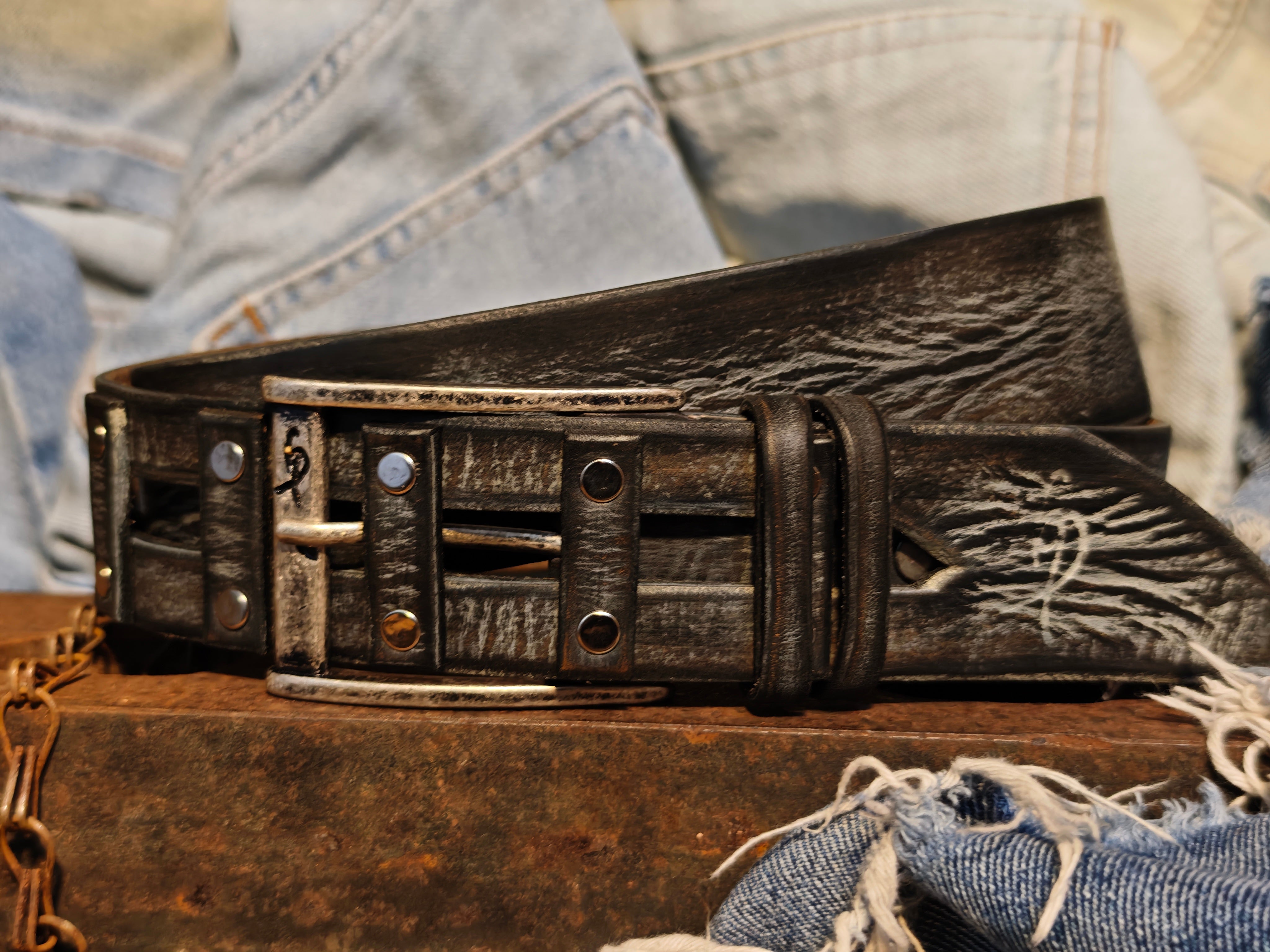 Brown Leather Belt Handmade Gray Wash Silver Buckle Unique Original Design Casual Outfit X-Mas Gift