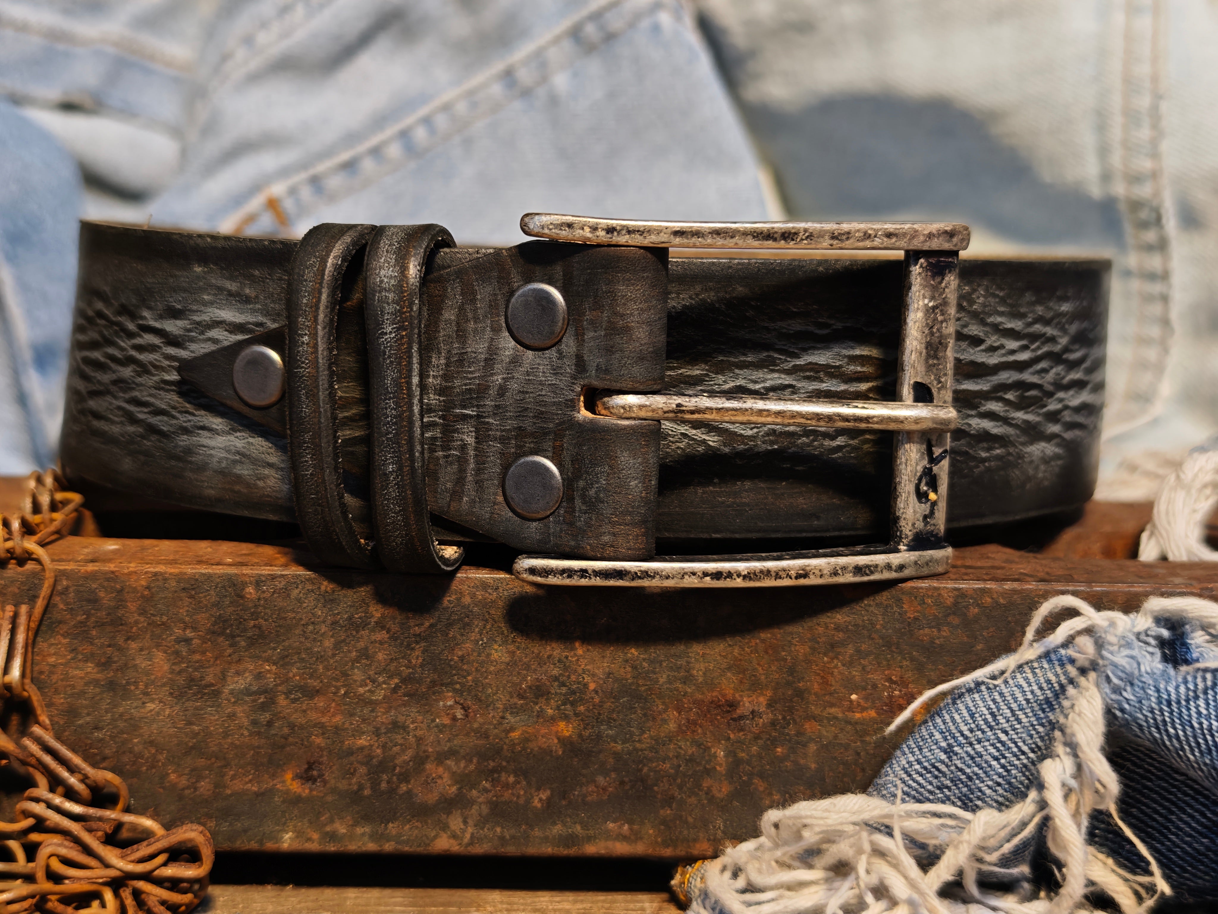 Brown Leather Belt Handmade Gray Wash Silver Buckle Unique Original Design Casual Outfit X-Mas Gift