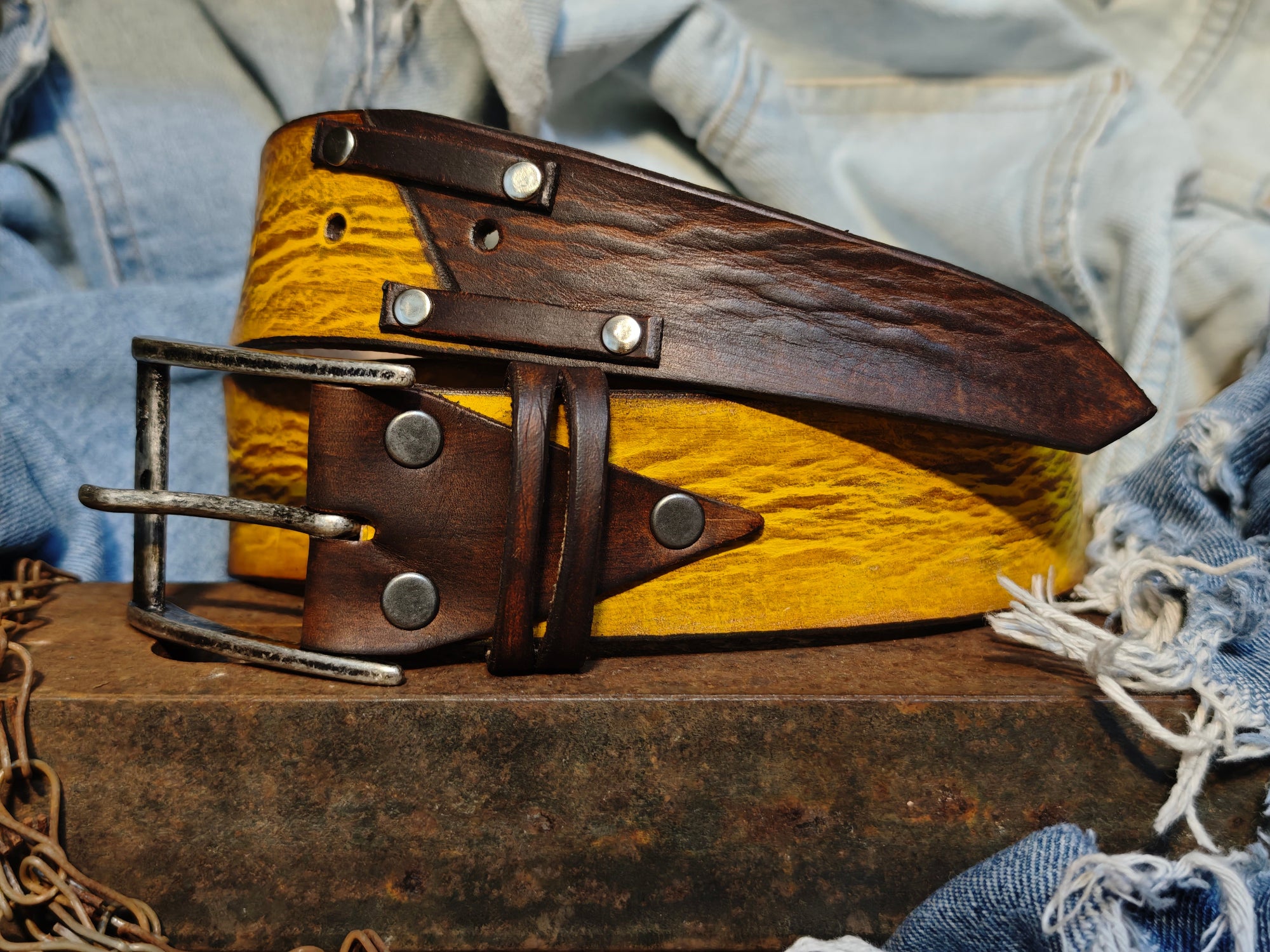 Mens Handcrafted Yellow with brown riveted Leather Belt