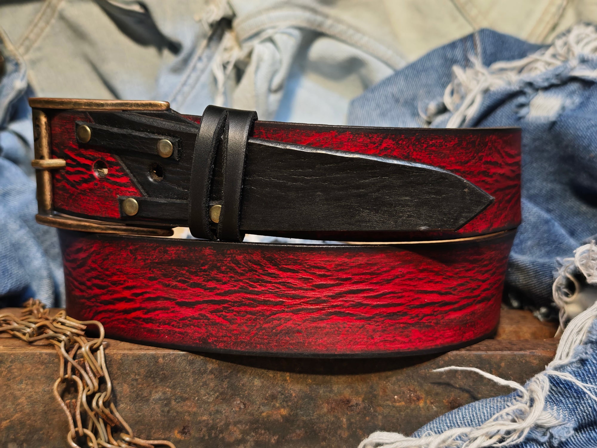 Vintage Red and Black Leather Belt for Men - Artisan Crafted Design