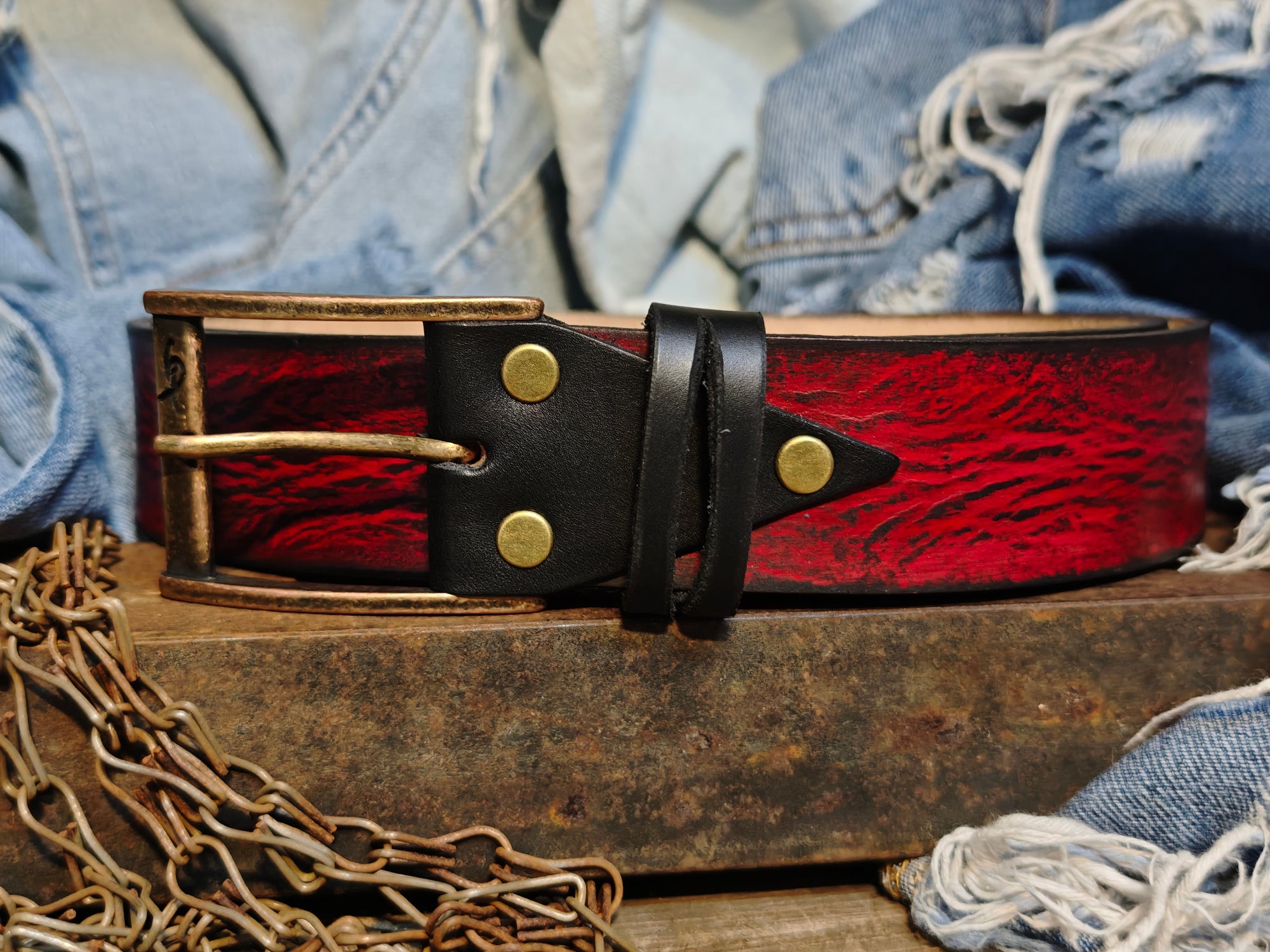Vintage Red and Black Leather Belt for Men - Artisan Crafted Design