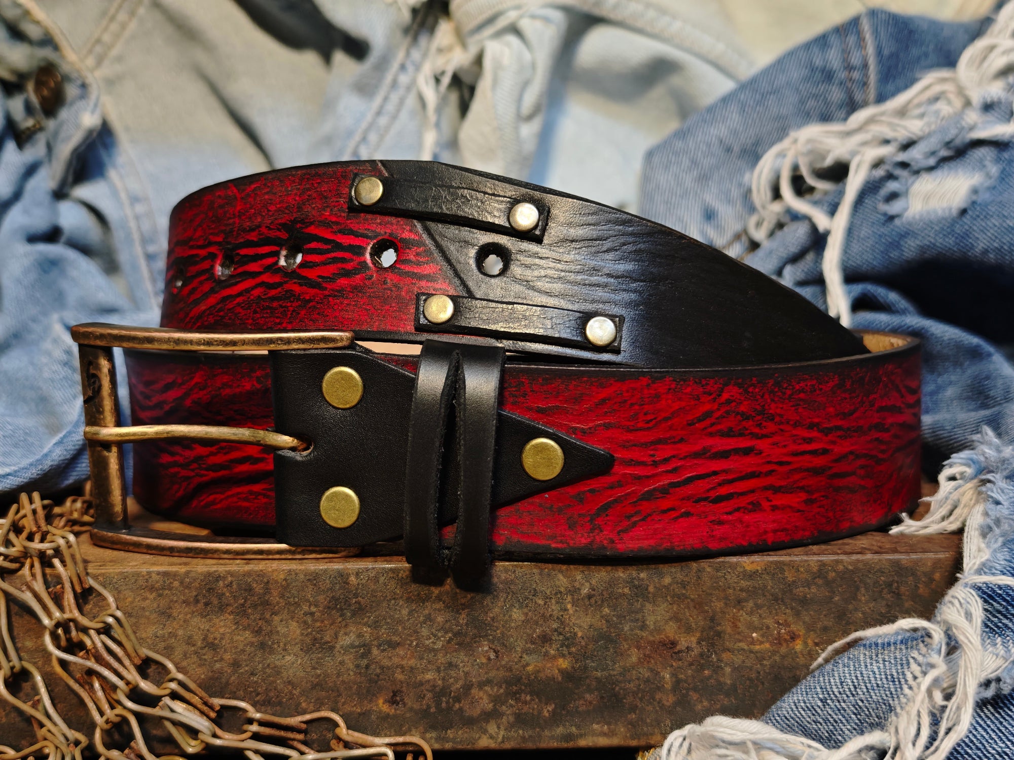 Vintage Red and Black Leather Belt for Men - Artisan Crafted Design