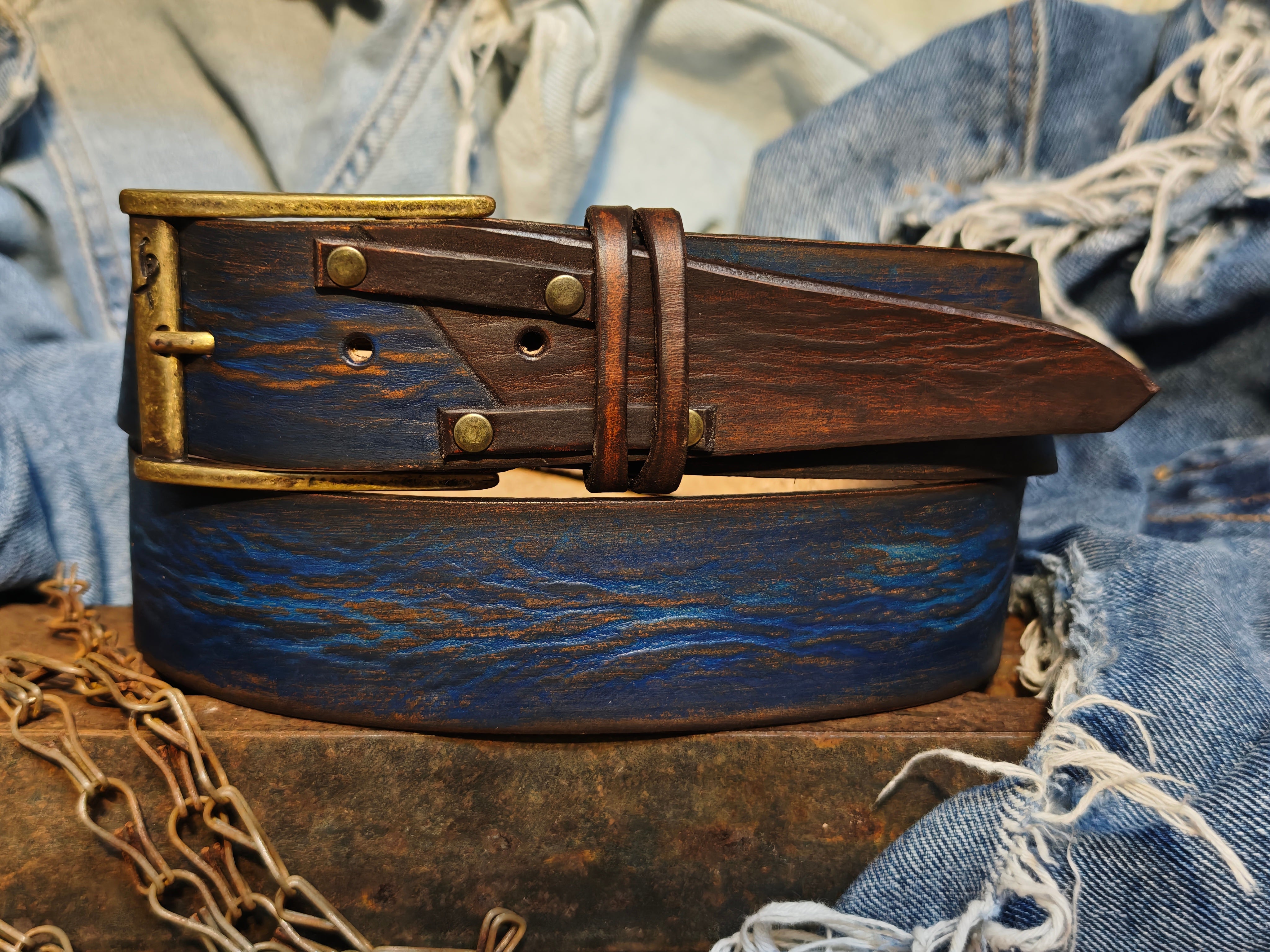 Handmade Distressed Blue & Brown Leather Belt – Full Grain Artisan Men’s Belt