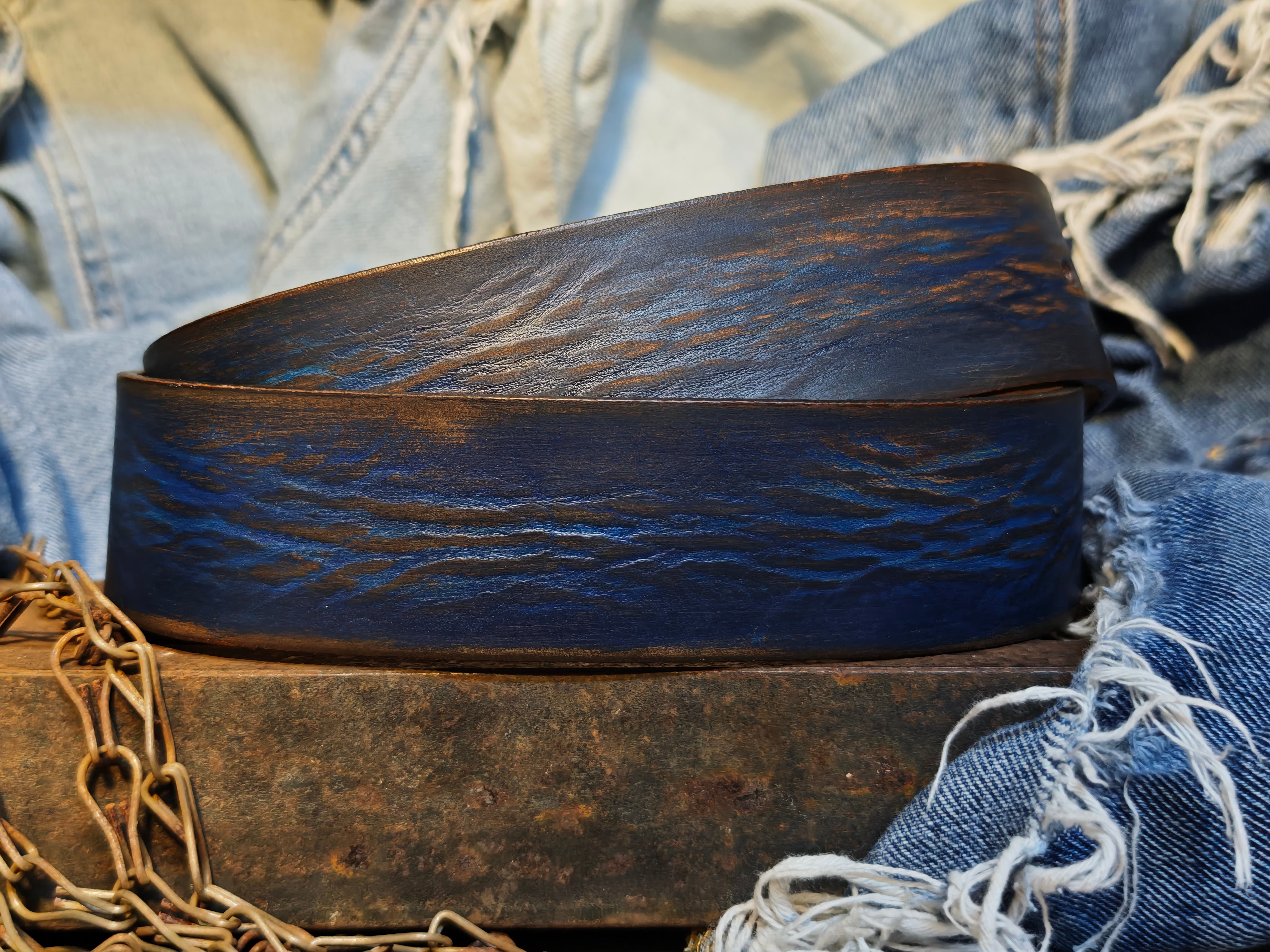 Handmade Distressed Blue & Brown Leather Belt – Full Grain Artisan Men’s Belt
