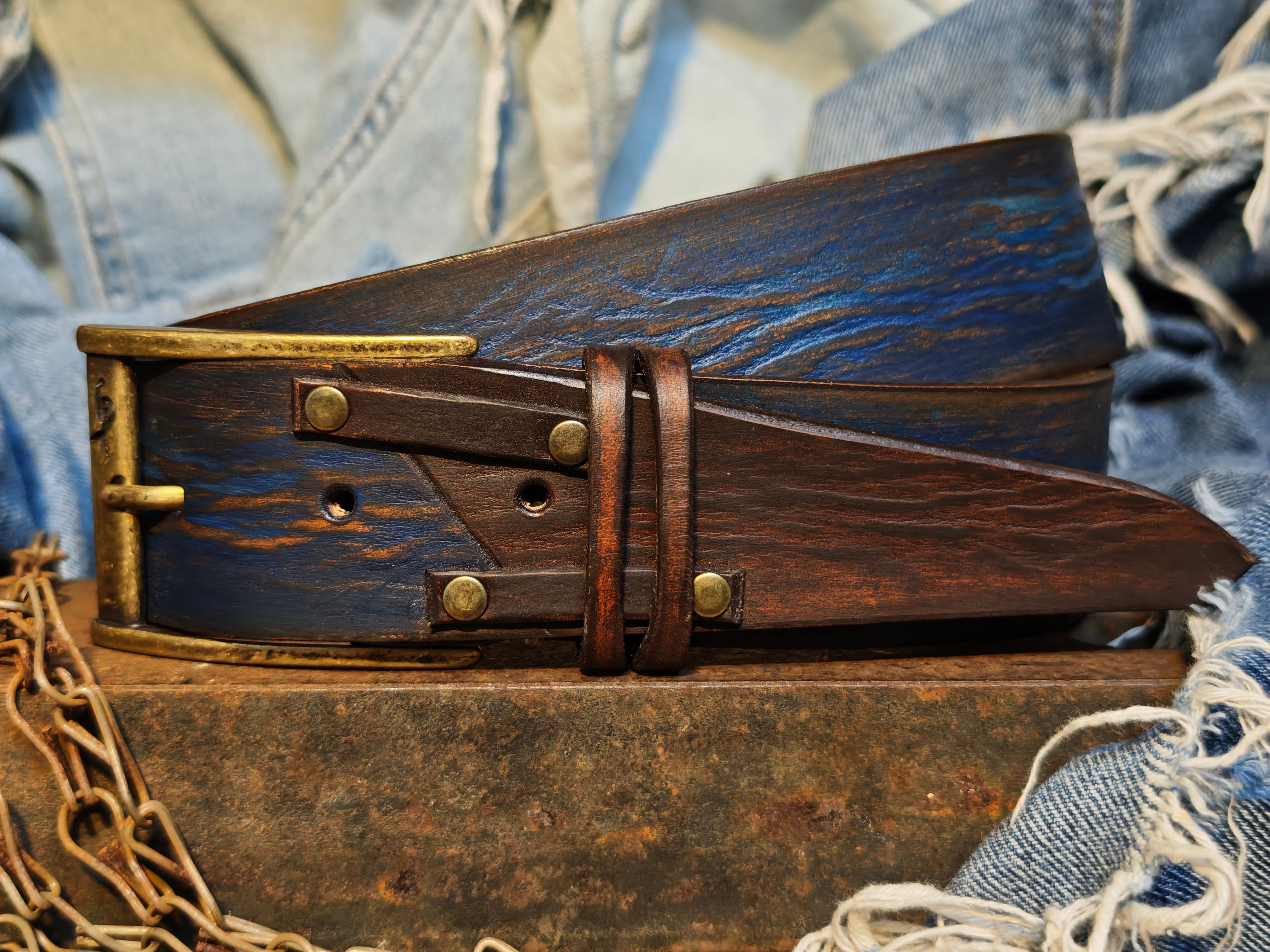 Handmade Distressed Blue & Brown Leather Belt – Full Grain Artisan Men’s Belt