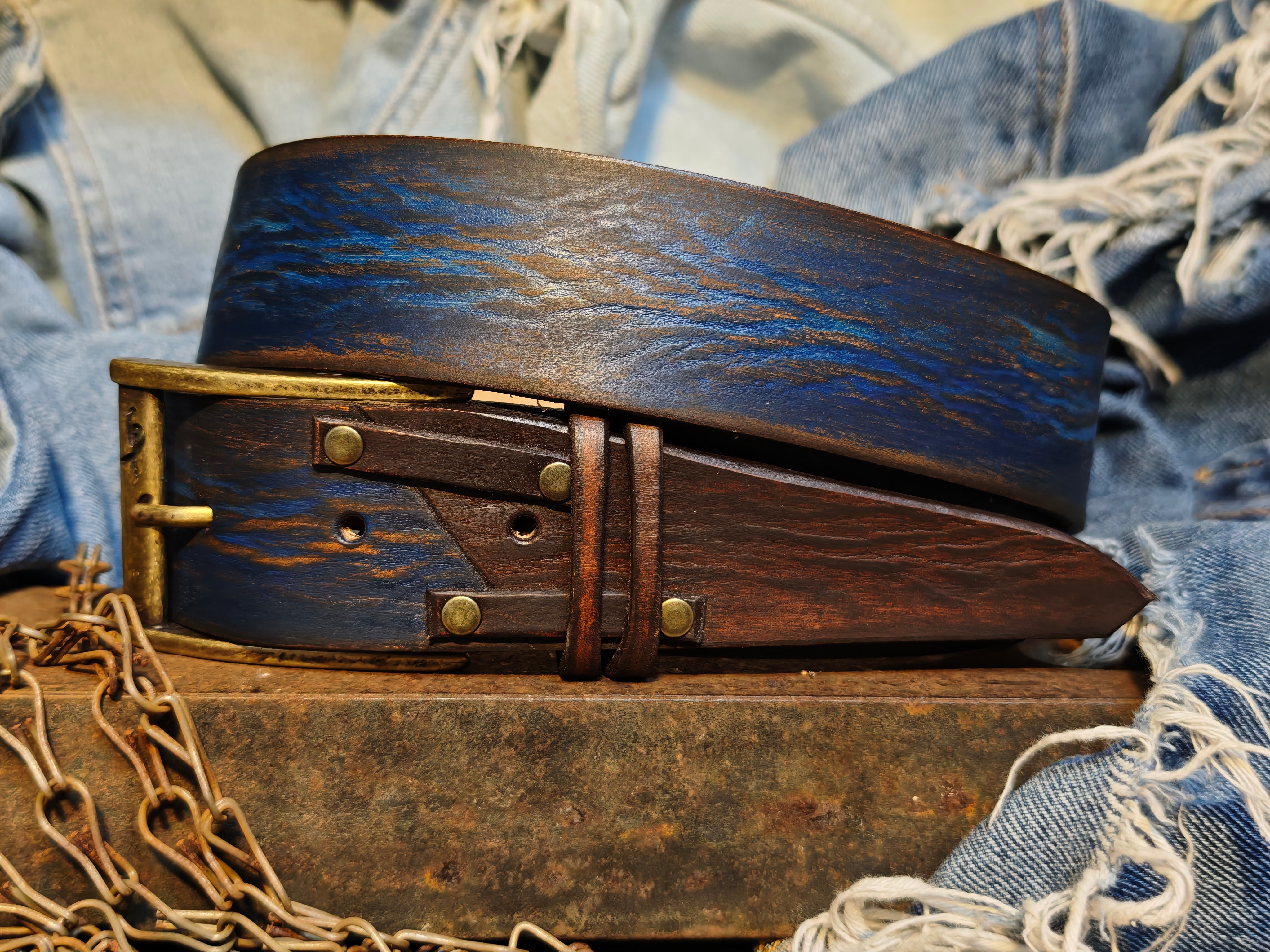 Handmade Distressed Blue & Brown Leather Belt – Full Grain Artisan Men’s Belt