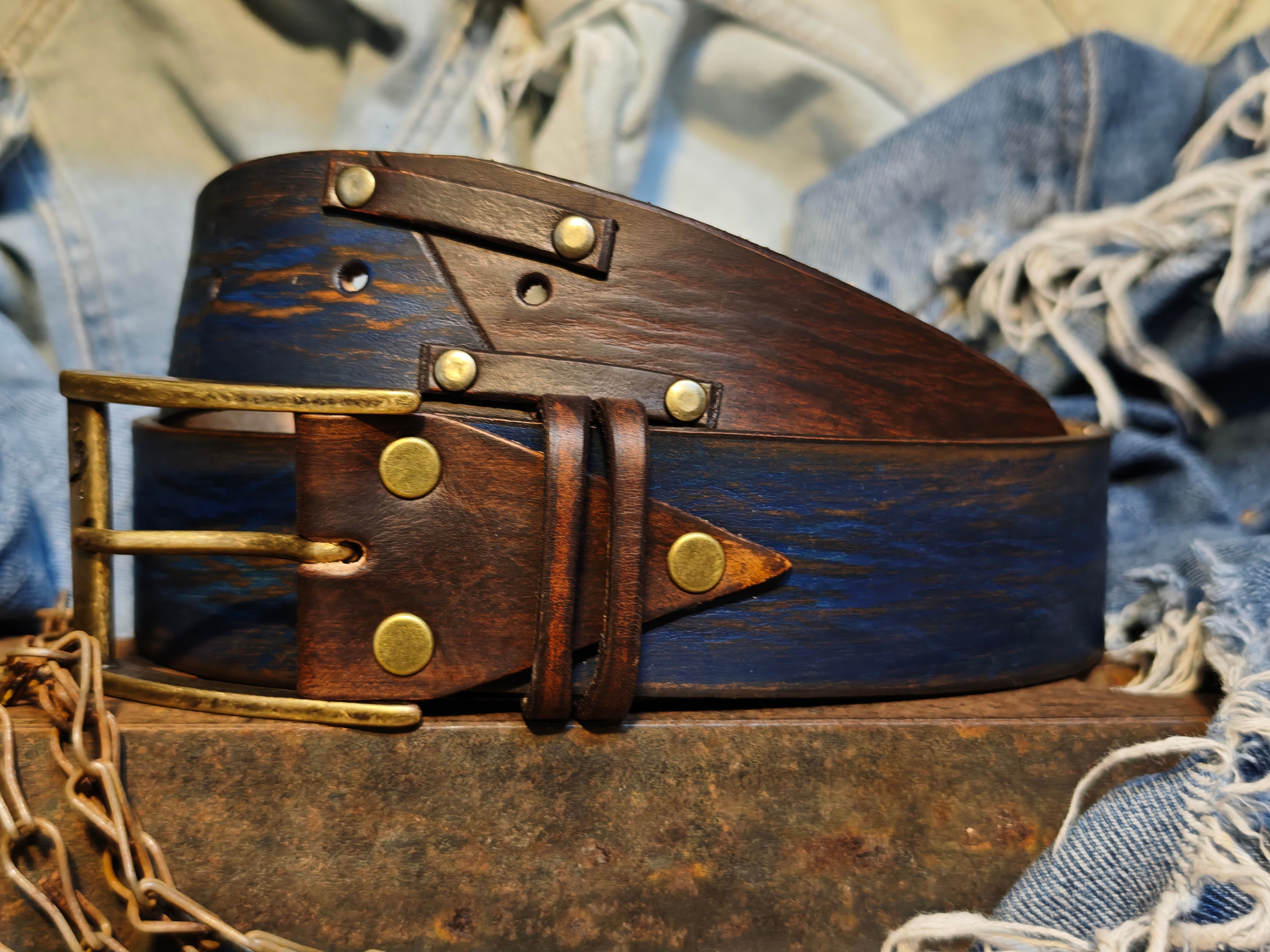 Handmade Distressed Blue & Brown Leather Belt – Full Grain Artisan Men’s Belt