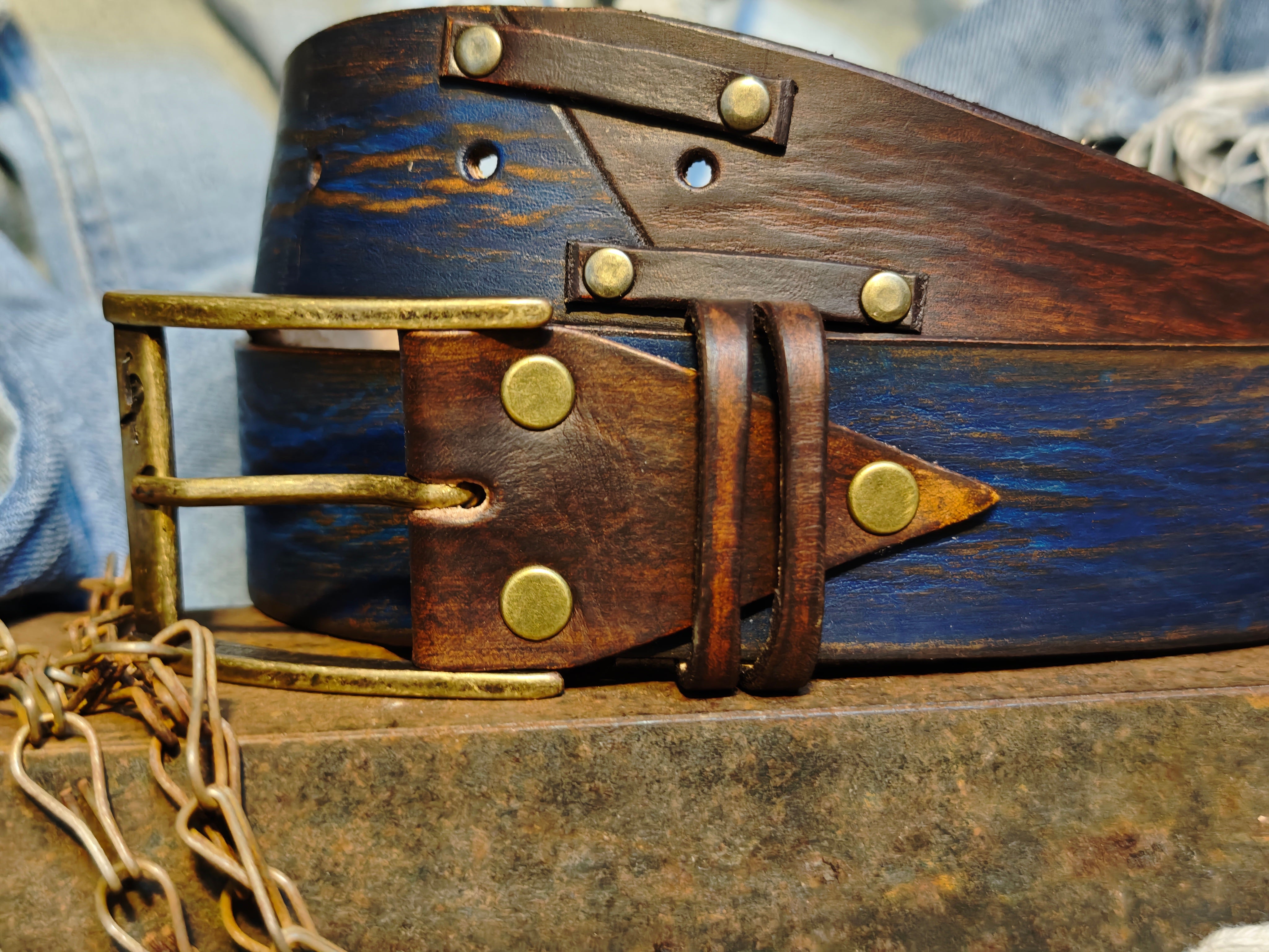 Handmade Distressed Blue & Brown Leather Belt – Full Grain Artisan Men’s Belt