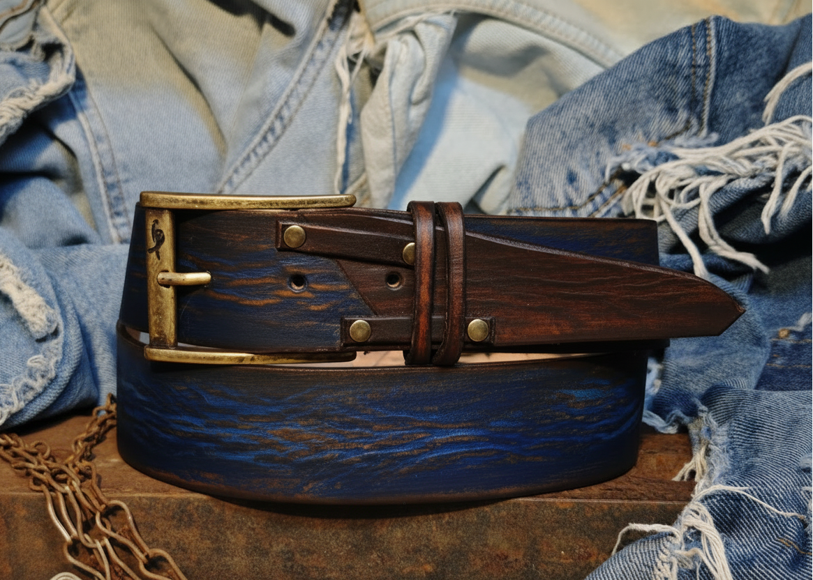 Handmade Distressed Blue & Brown Leather Belt – Full Grain Artisan Men’s Belt