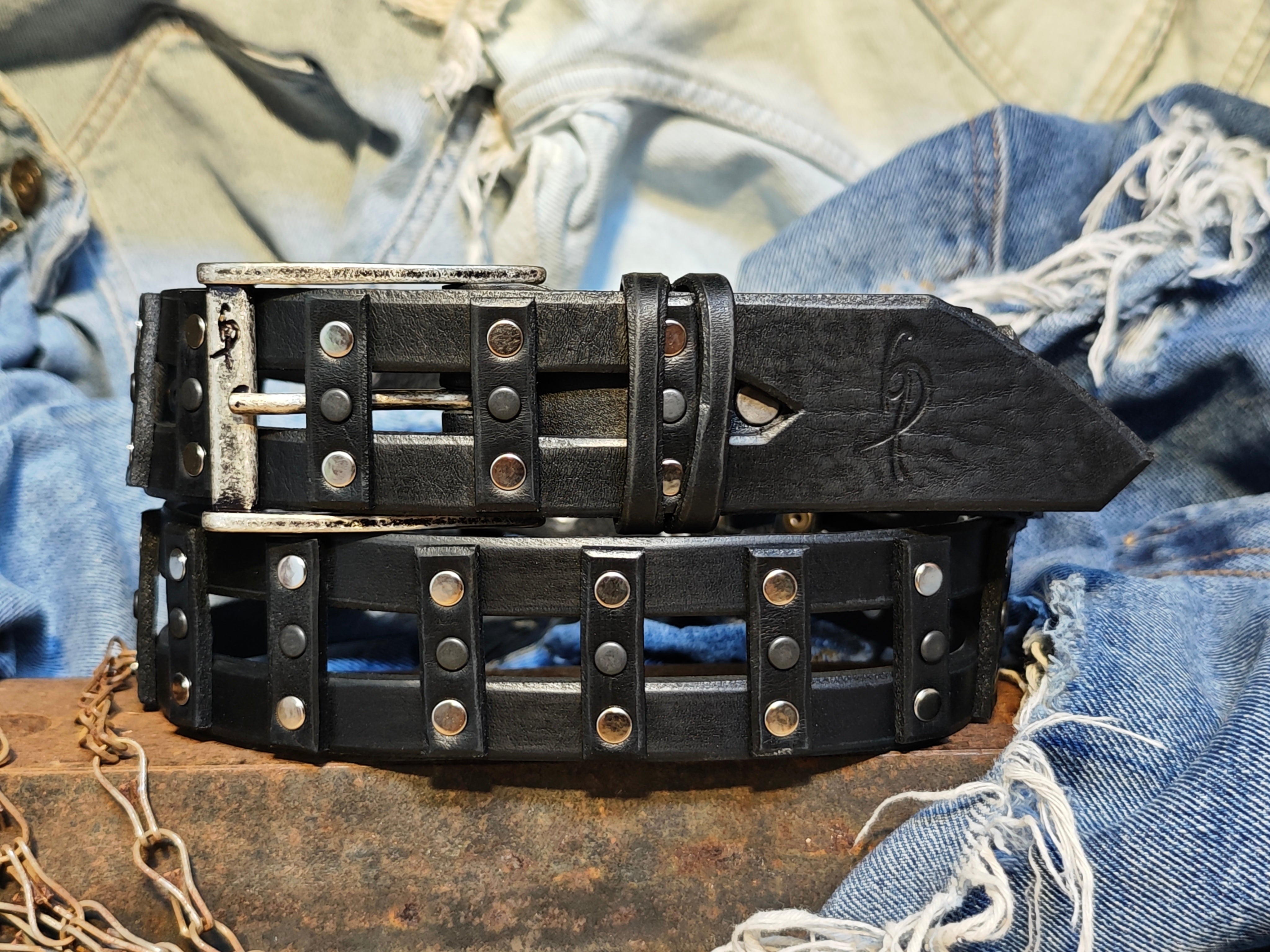 Stylish Handcrafted Rivet Studded Black Leather Mens Belt - Unique Artisan Design for Mens Fashion