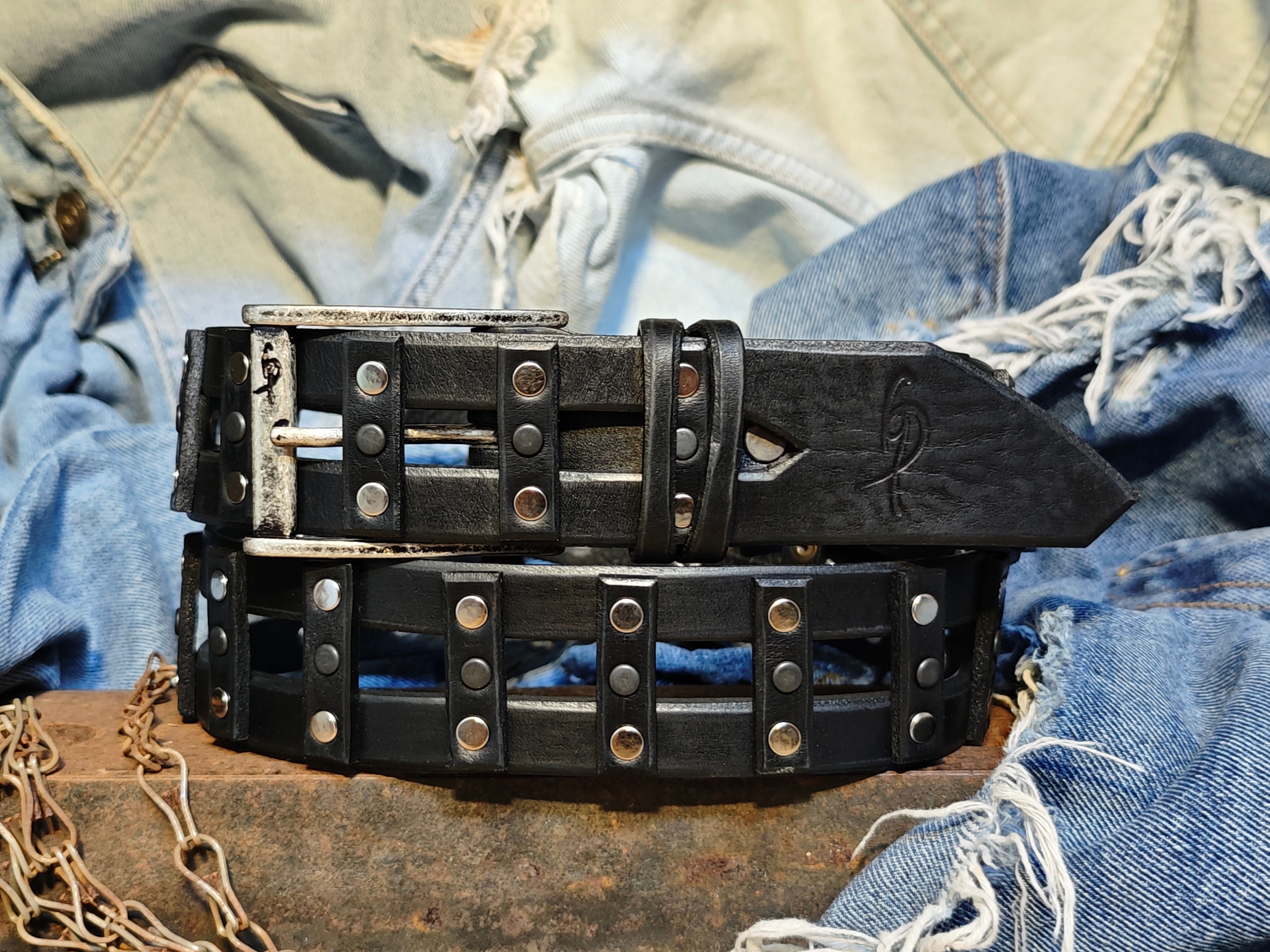 Stylish Handcrafted Rivet Studded Black Leather Mens Belt - Unique Artisan Design for Mens Fashion