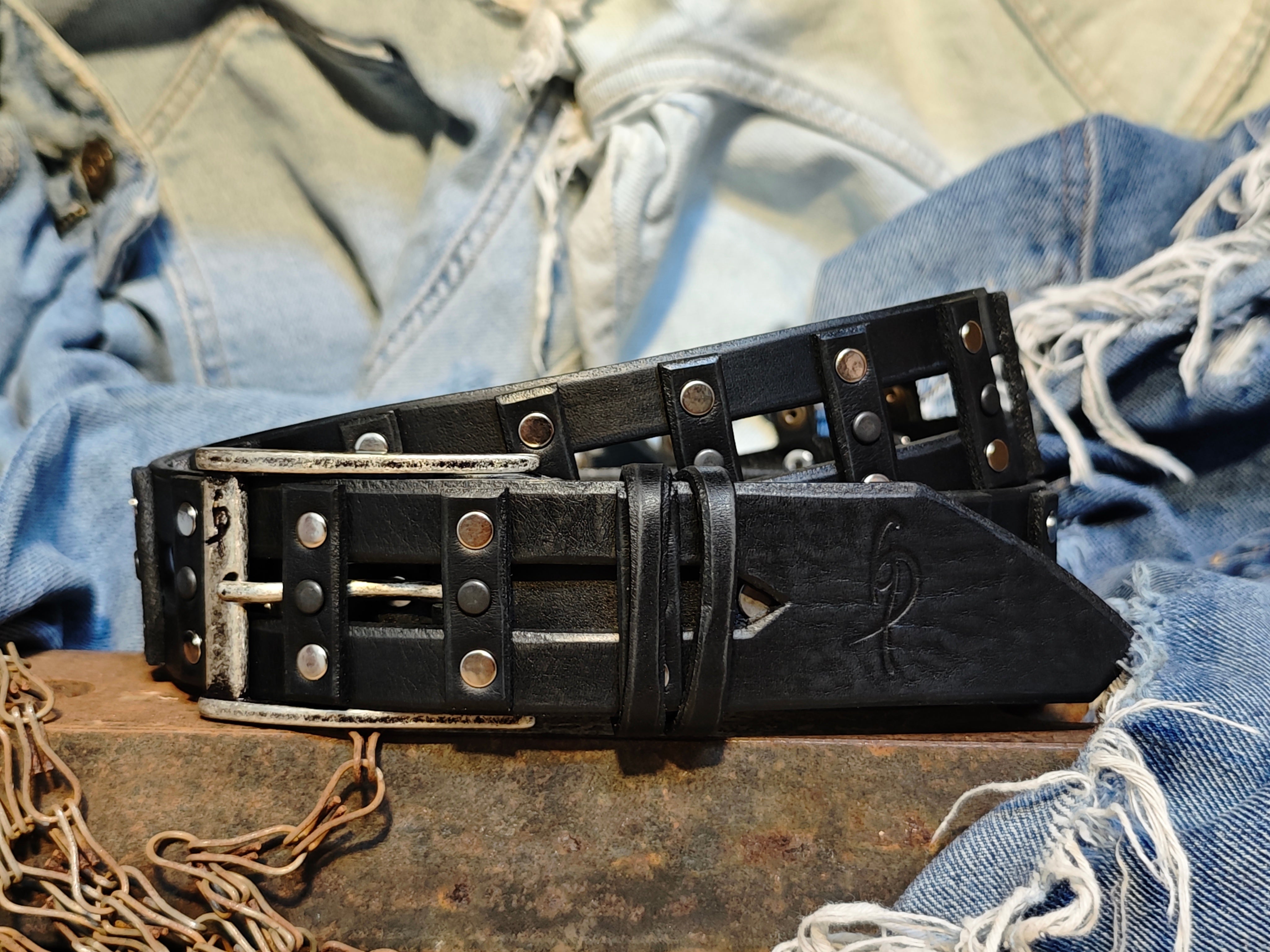 Stylish Handcrafted Rivet Studded Black Leather Mens Belt - Unique Artisan Design for Mens Fashion