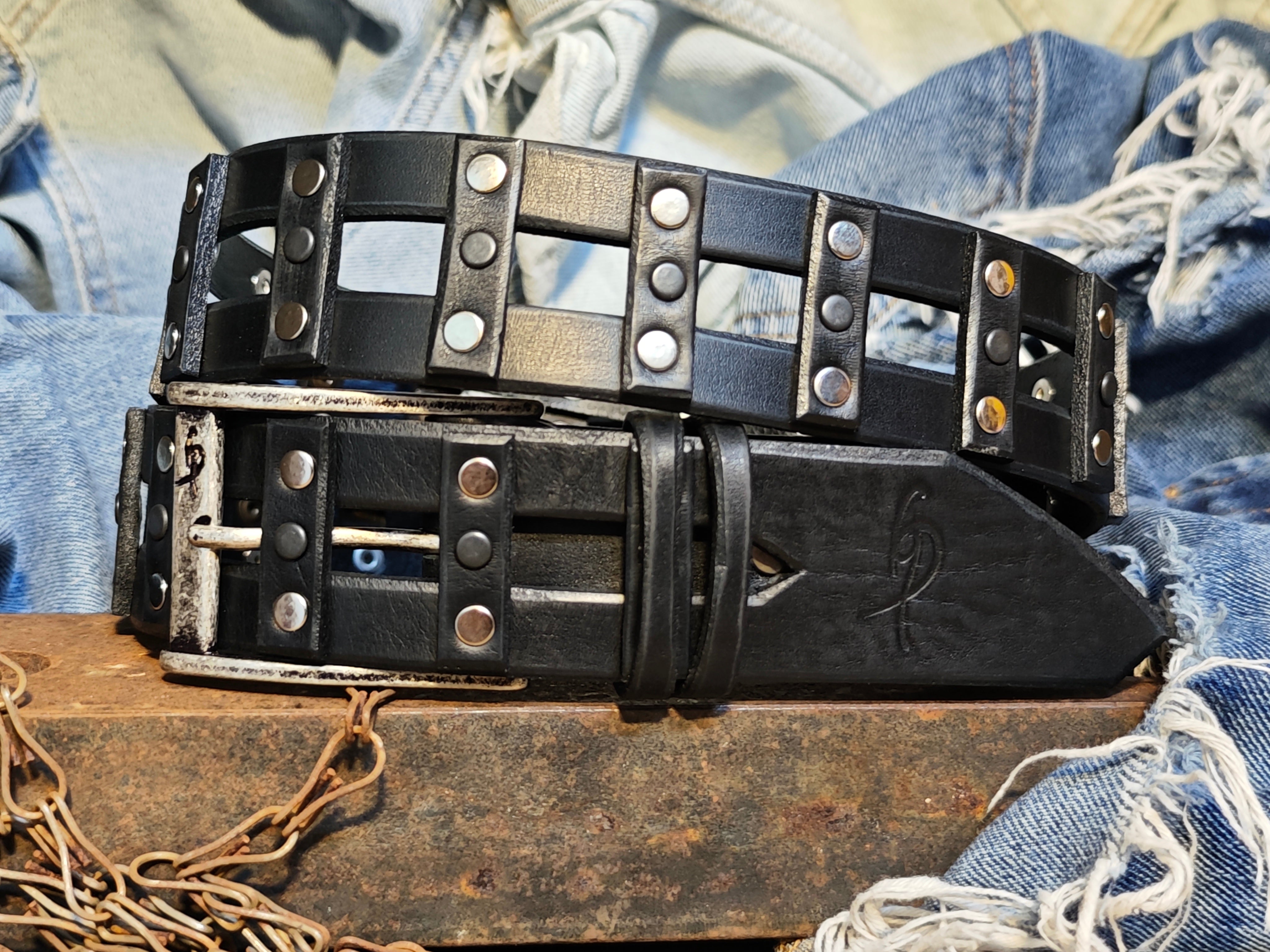 Stylish Handcrafted Rivet Studded Black Leather Mens Belt - Unique Artisan Design for Mens Fashion