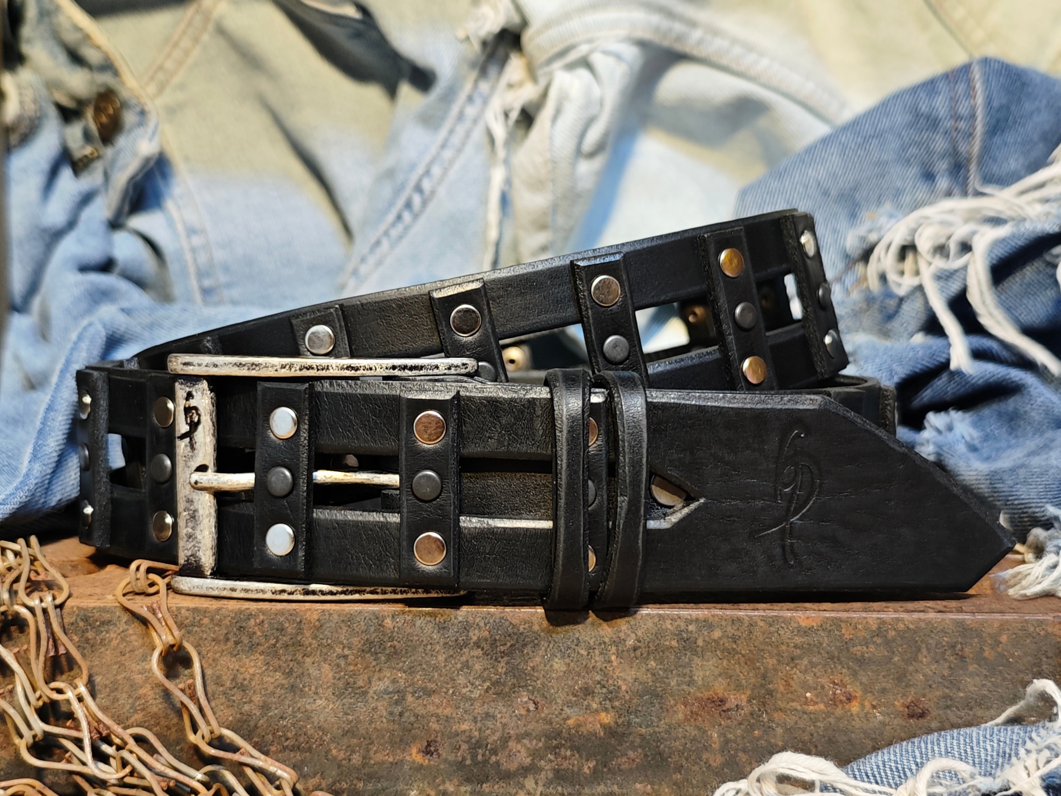 Stylish Handcrafted Rivet Studded Black Leather Mens Belt - Unique Artisan Design for Mens Fashion