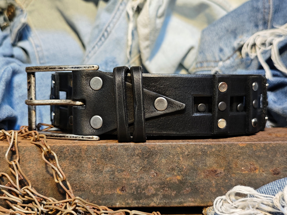 Stylish Handcrafted Rivet Studded Black Leather Mens Belt - Unique Artisan Design for Mens Fashion