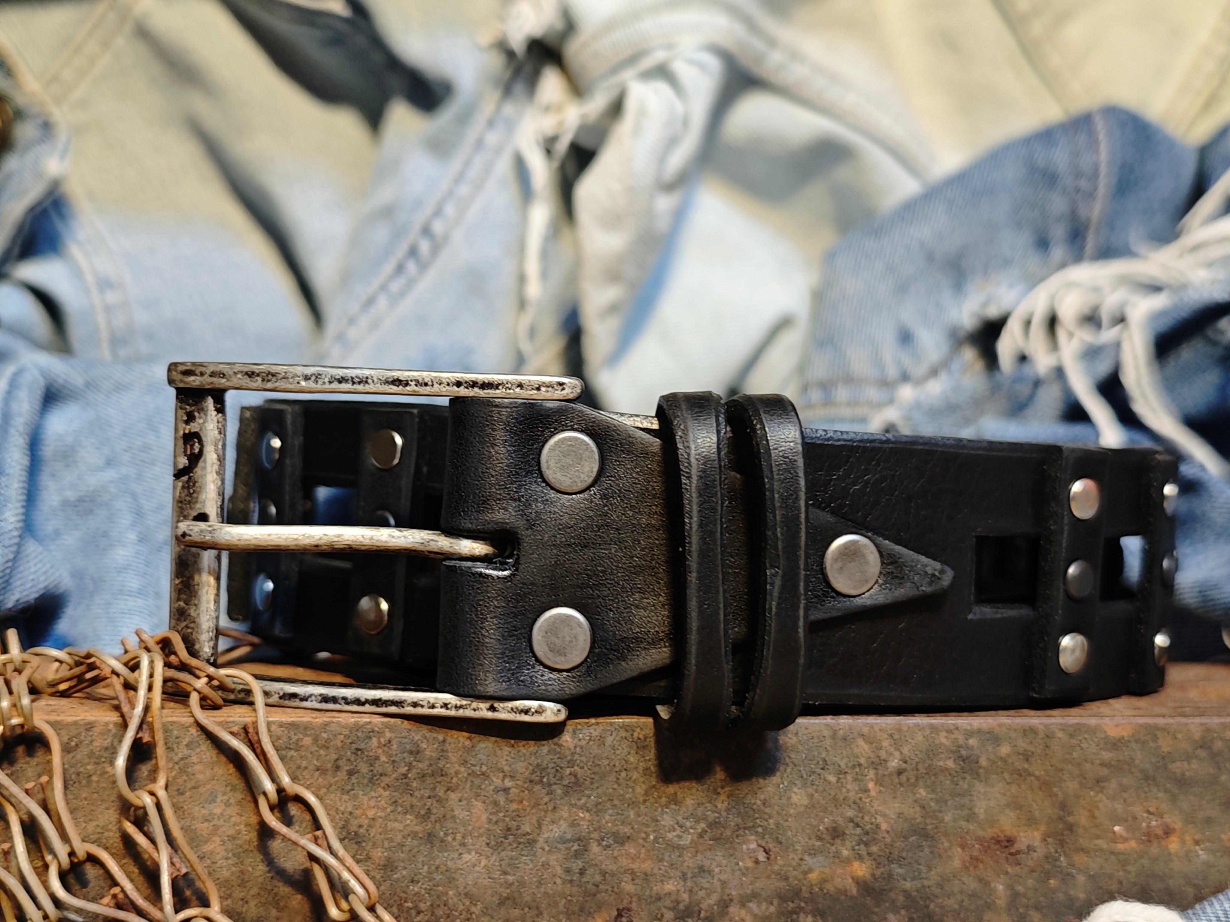 Stylish Handcrafted Rivet Studded Black Leather Mens Belt - Unique Artisan Design for Mens Fashion