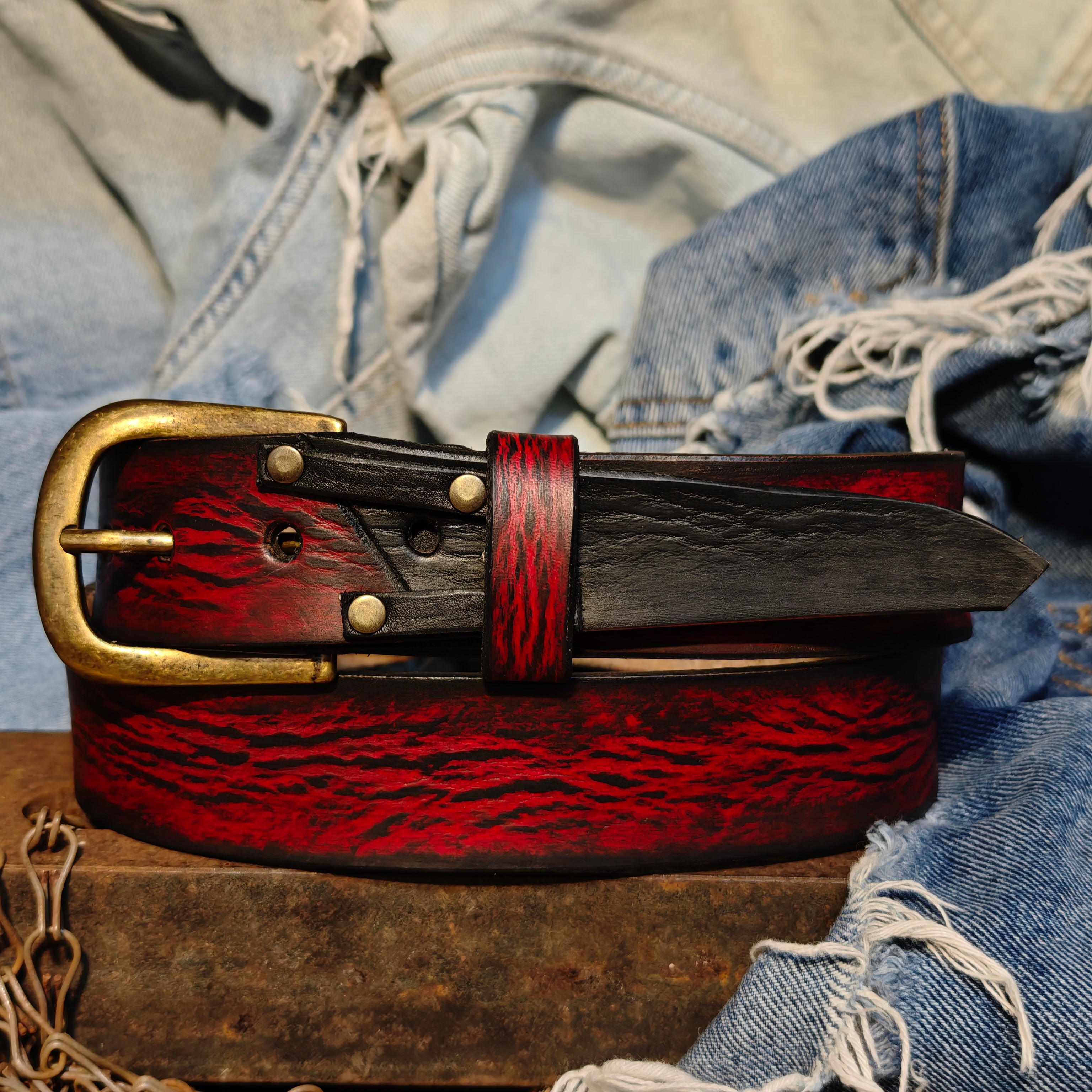 Handmade Red Leather Belt with Black Wash, Unique Design with Black End connect with two Pieces and Bronze Rivet Decorations