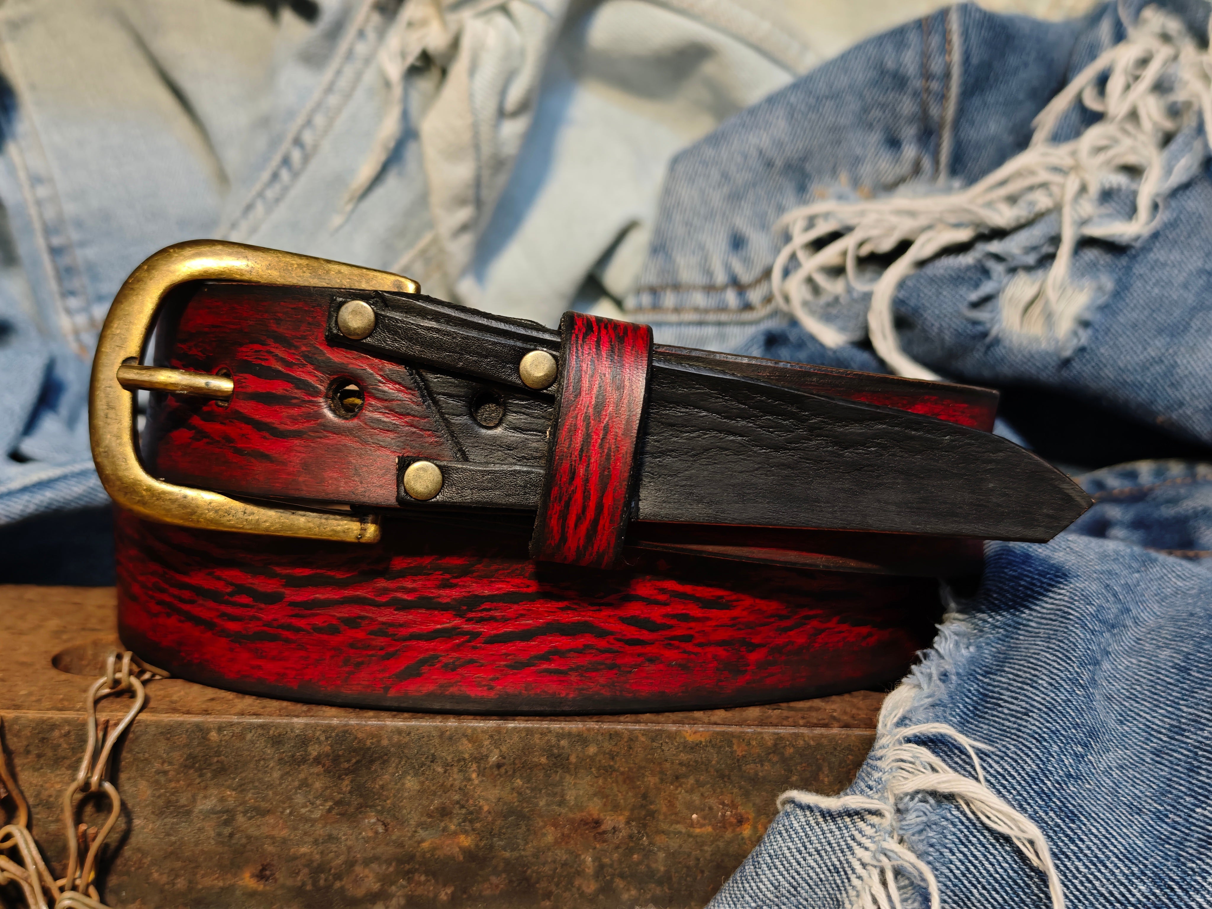Handmade Red Leather Belt with Black Wash, Unique Design with Black End connect with two Pieces and Bronze Rivet Decorations