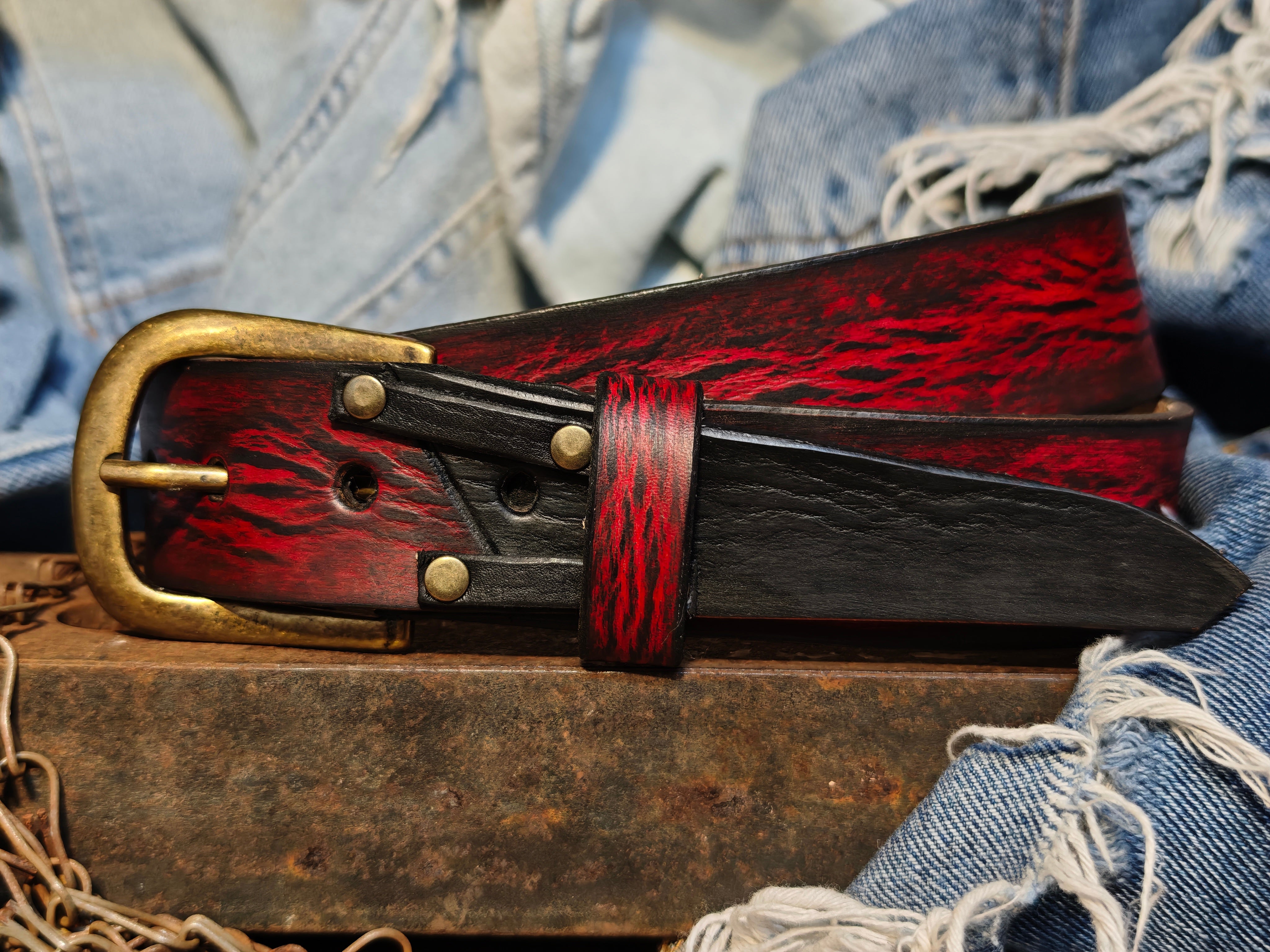 Handmade Red Leather Belt with Black Wash, Unique Design with Black End connect with two Pieces and Bronze Rivet Decorations