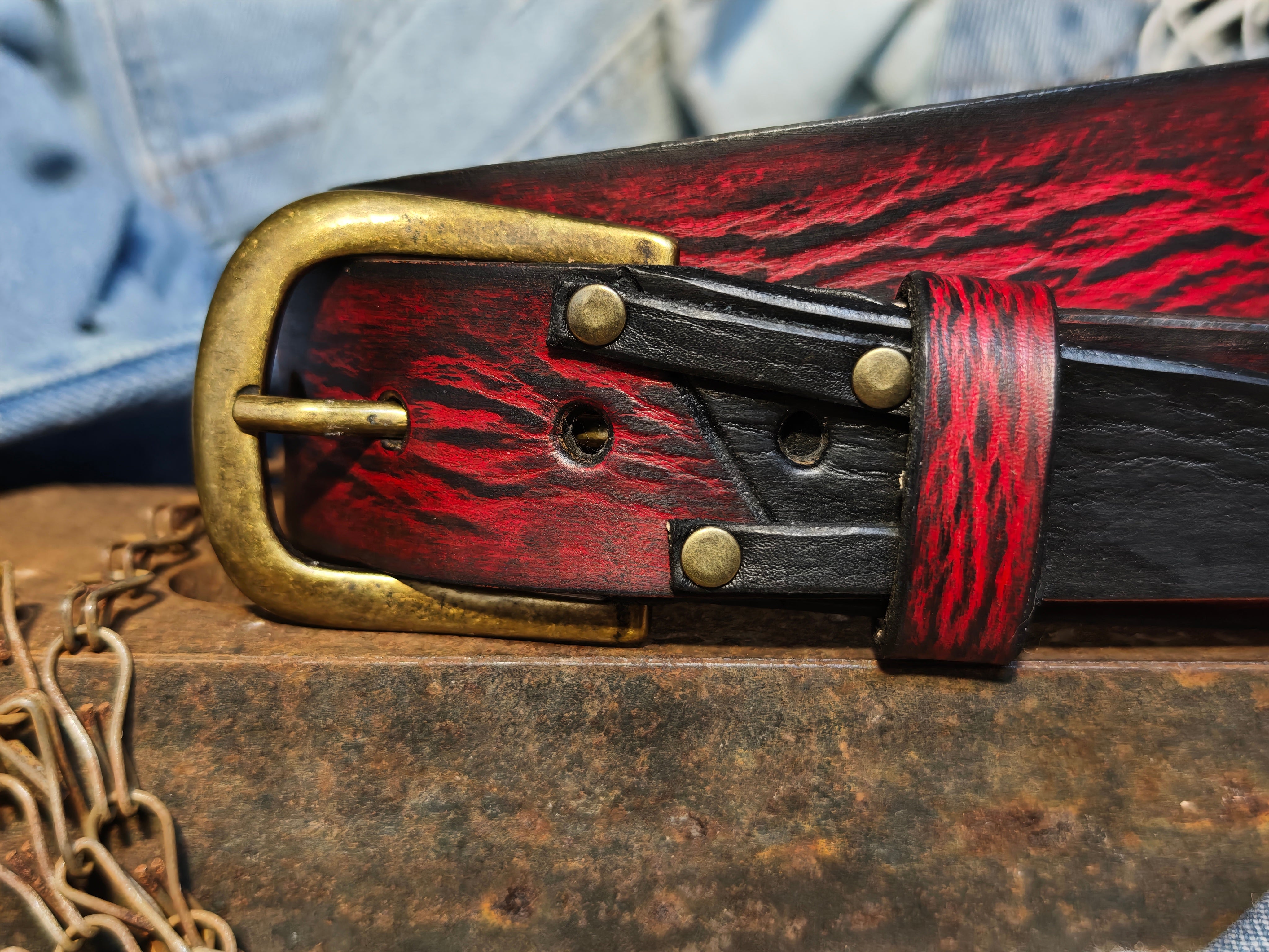 Handmade Red Leather Belt with Black Wash, Unique Design with Black End connect with two Pieces and Bronze Rivet Decorations