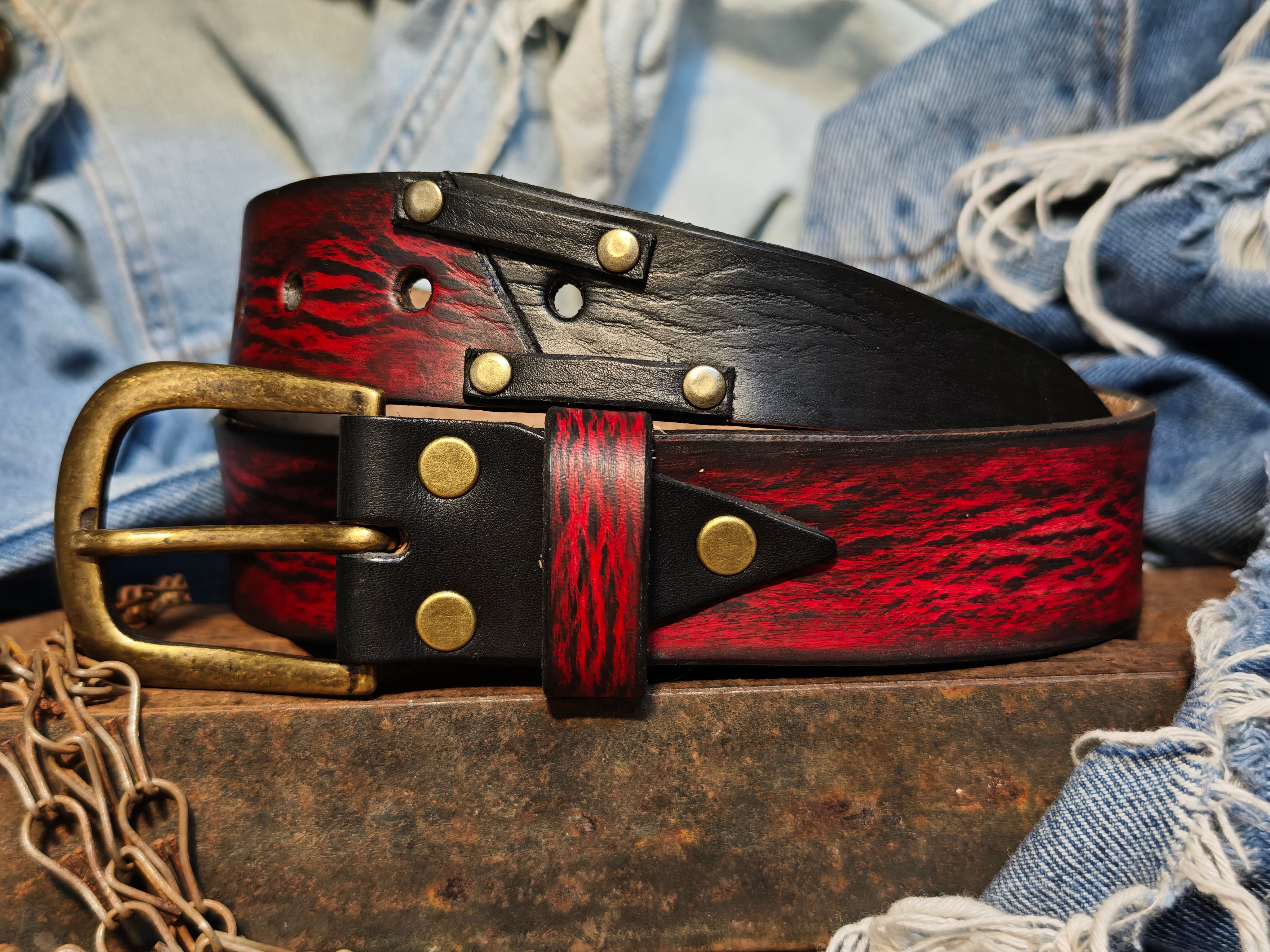 Handmade Red Leather Belt with Black Wash, Unique Design with Black End connect with two Pieces and Bronze Rivet Decorations