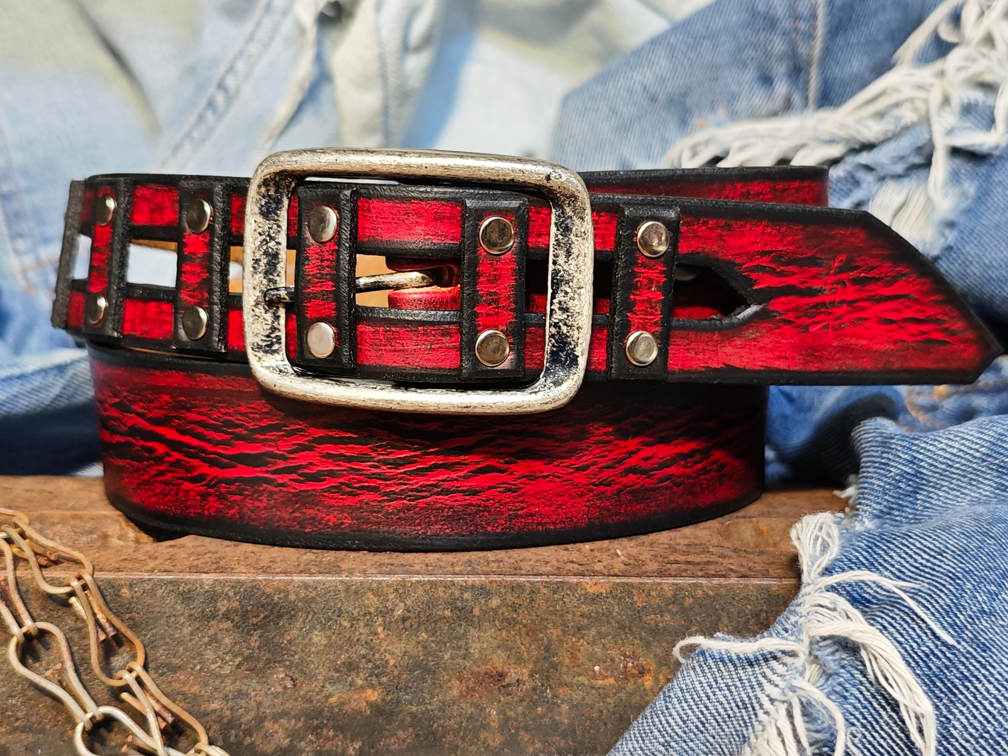 Handmade Red Leather Belt with a Metal Buckle - Personalizable Gift for Your Loved One