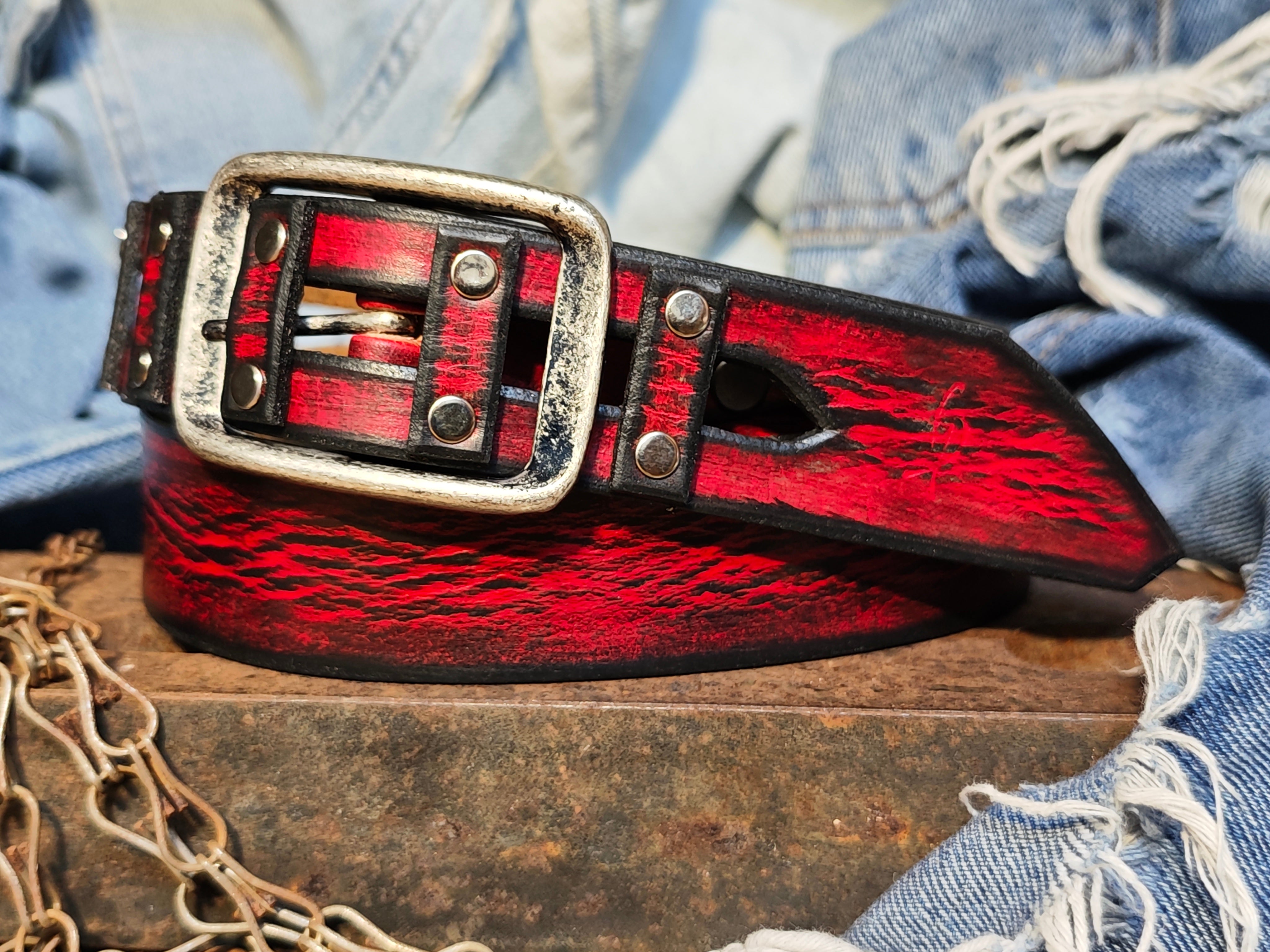 Handmade Red Leather Belt with a Metal Buckle - Personalizable Gift for Your Loved One