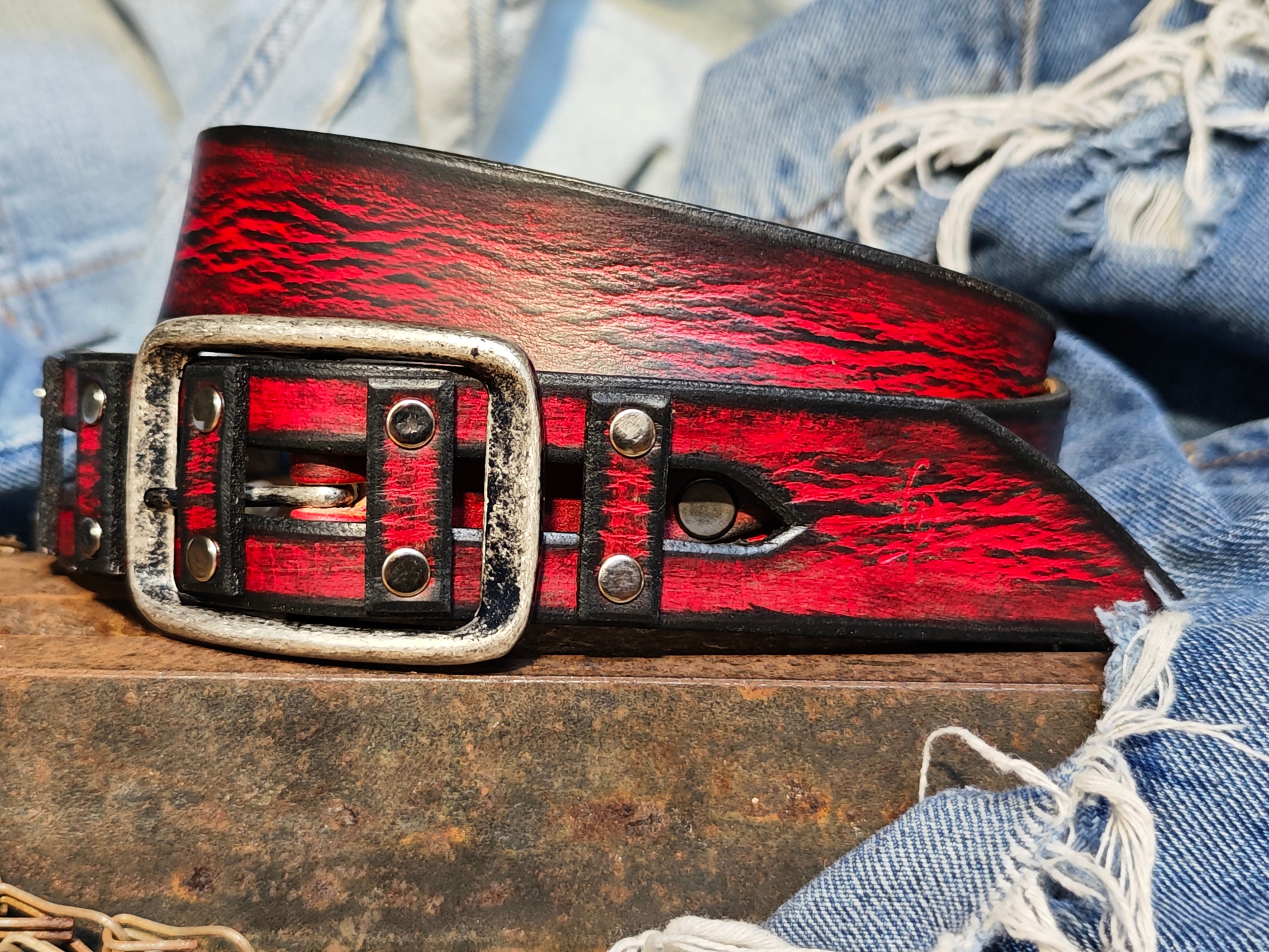 Handmade Red Leather Belt with a Metal Buckle - Personalizable Gift for Your Loved One