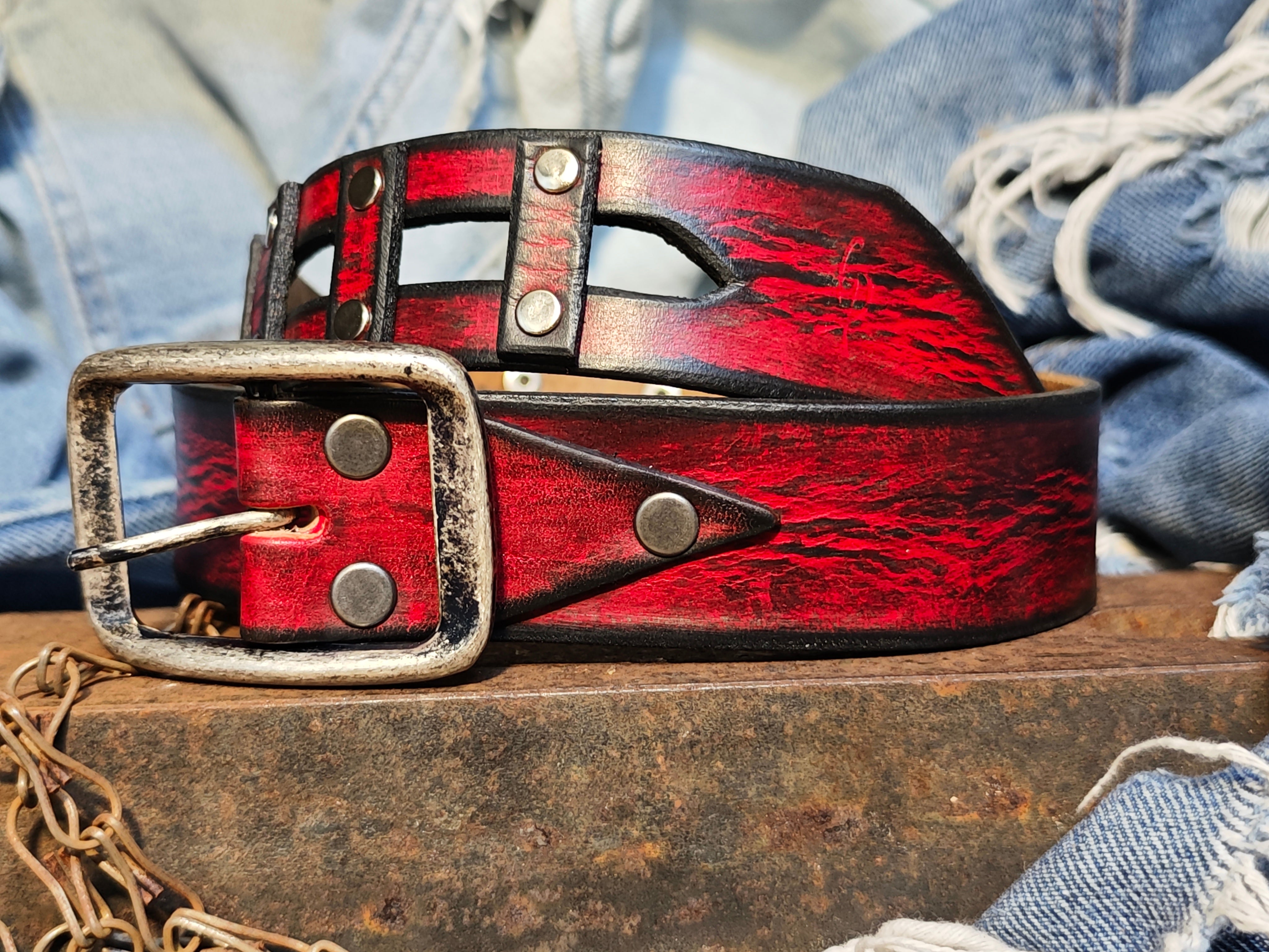 Handmade Red Leather Belt with a Metal Buckle - Personalizable Gift for Your Loved One