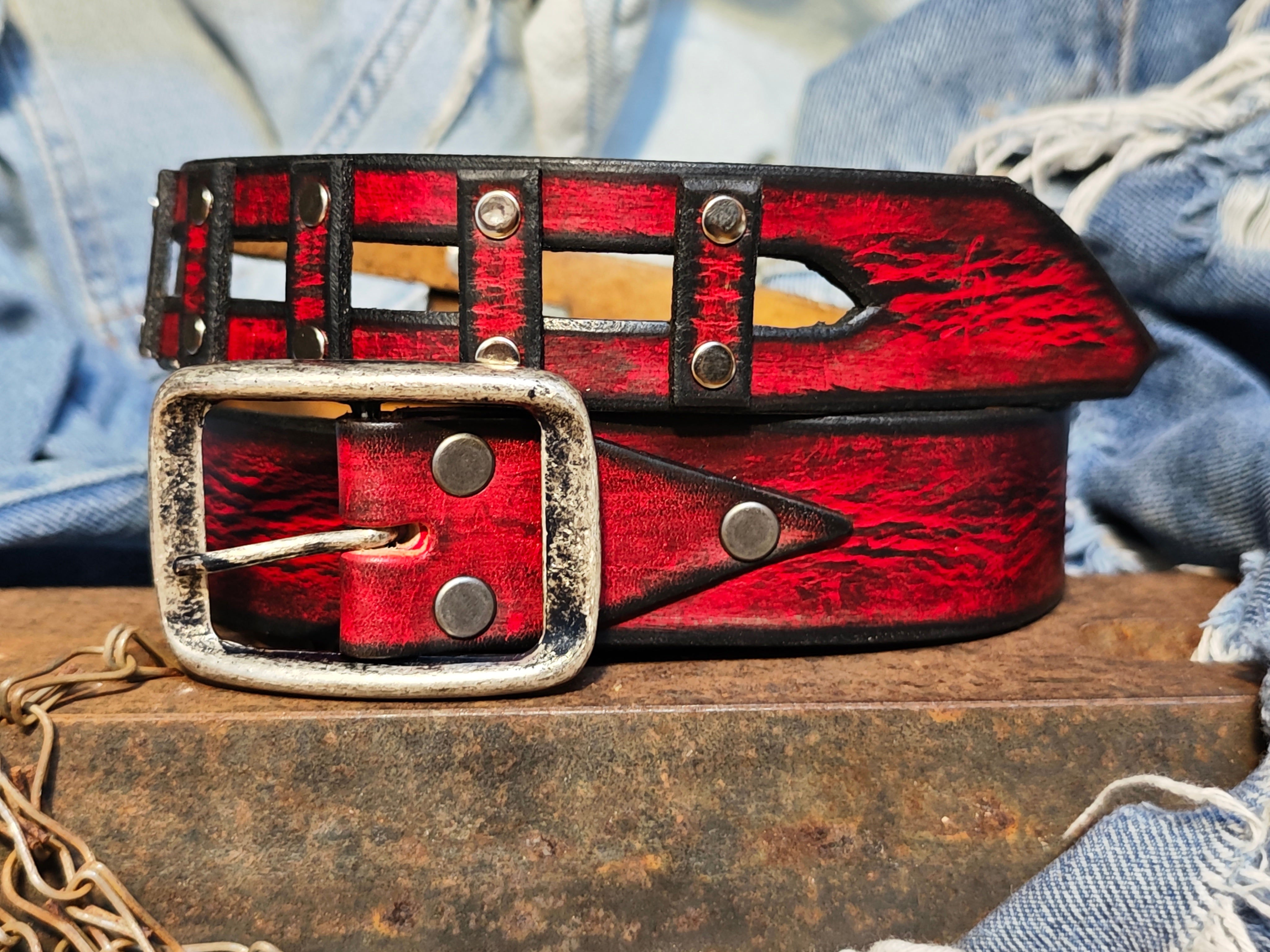 Handmade Red Leather Belt with a Metal Buckle - Personalizable Gift for Your Loved One